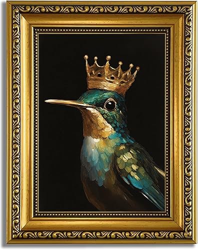 YD&YZY Lienzo decorativo de pared vintage enmarcado en oro, colibríes, pájaros, King, decoración de pared retro dorada, impresión de pintura de