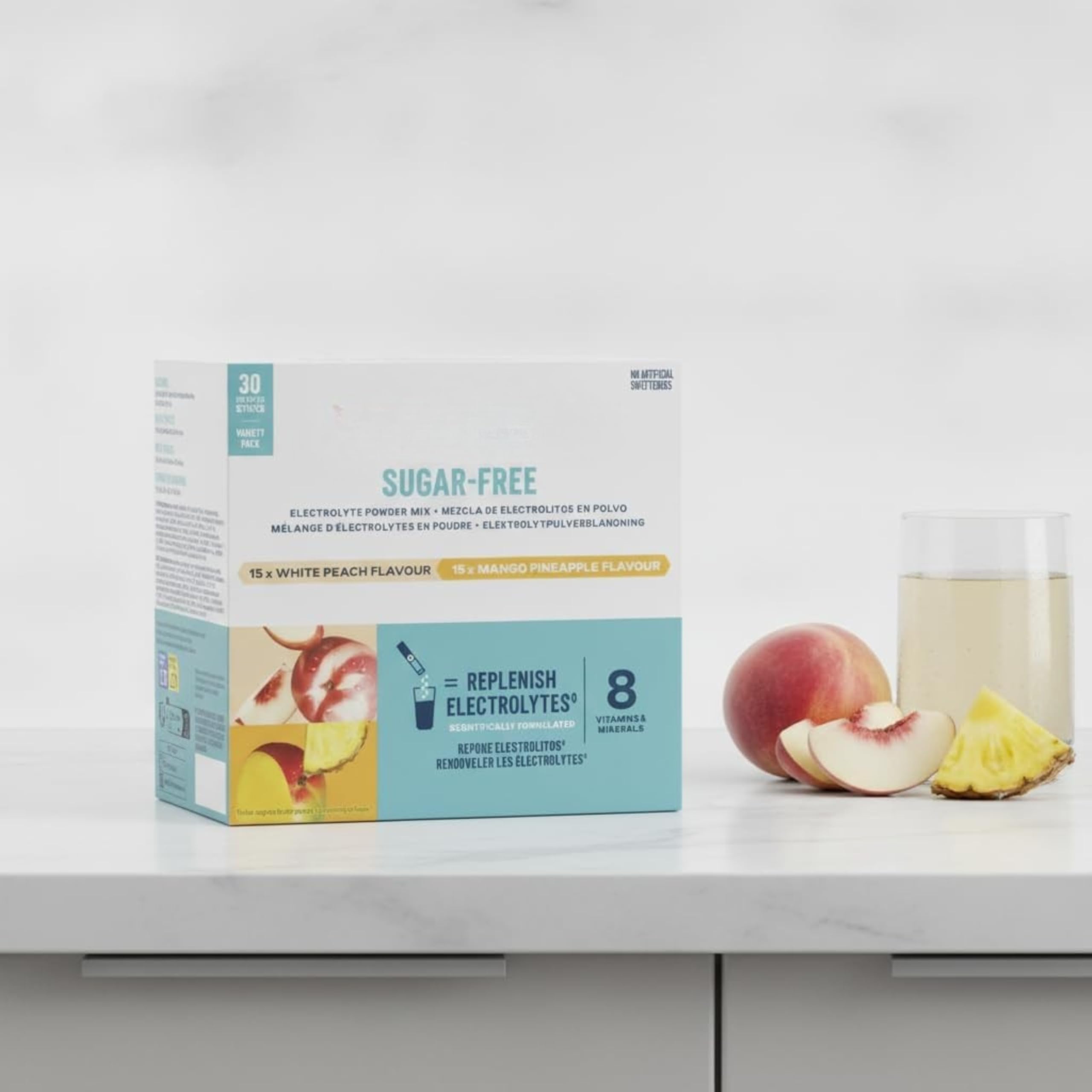 Mezcla de Electrolitos en Polvo Sin Azúcar - Pack de Variedad (30 Sobres) - Sabores Melocotón Blanco y Mango Piña - Hidratación con 8 Vitaminas, Minerales y Aminoácidos - NEXU