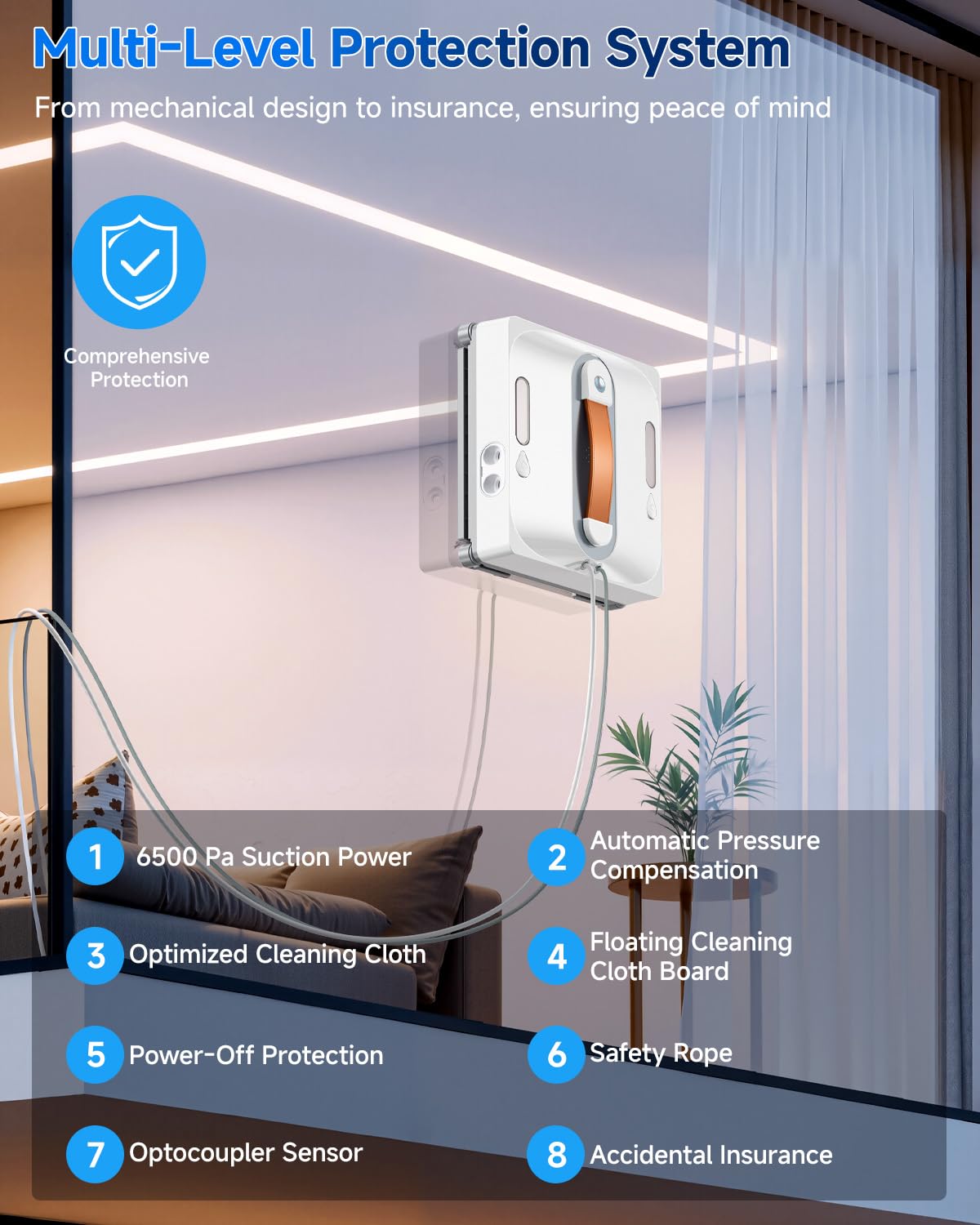 Robot Lave-vitres 6500Pa – Double Buse, Télécommande, 3 Modes, Navigation Intelligente, Sécurité Antichute