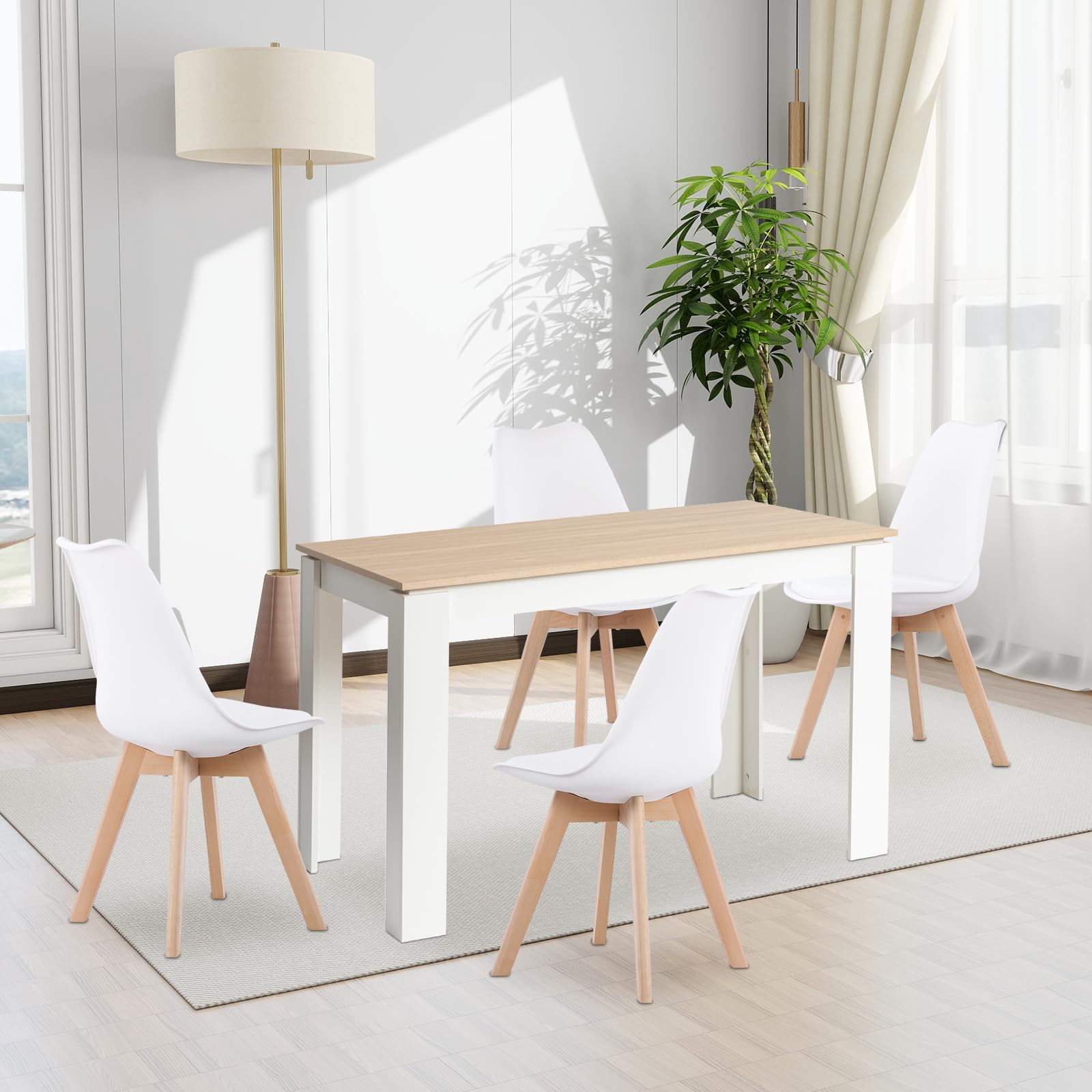 Ensemble de salle à manger avec 4 chaises et 4 chaises rectangulaires en bois de 120 cm pour salon, cuisine, bureau (pieds de table en chêne blanc + 4 chaises blanches)