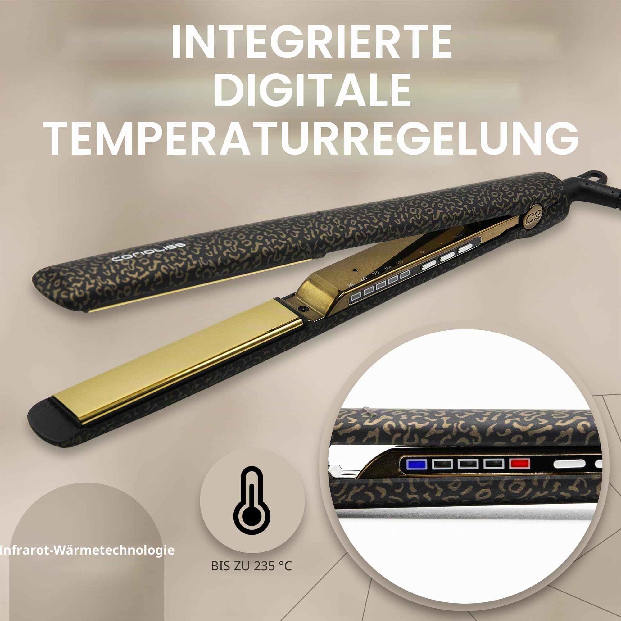 Corioliss C3 | Glätteisen | Extra Lange Titanplatten Anti Frizz | Haarglätter Locken und Glätten | Professionelles mit TemperaturregelunLeopard Gold Soft Touch