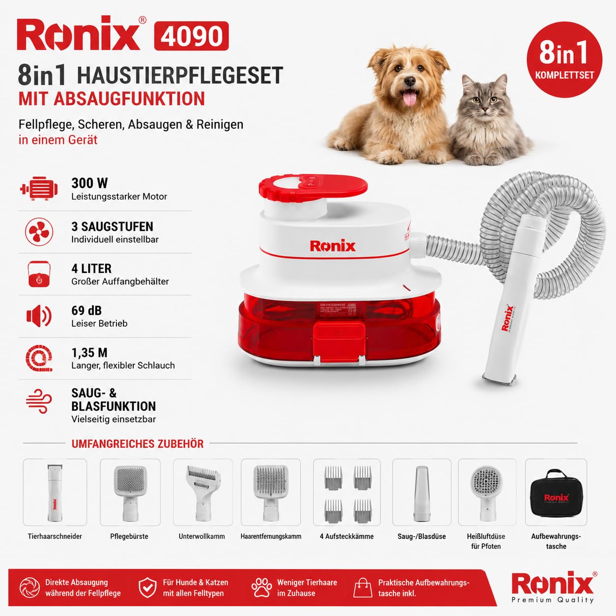 Ronix 4090 8 in 1 Haustierpflegeset | Tierhaarschneider mit Absaugung | 300 W | 4 L Behälter | 3 Saugstufen | Fellpflege für Hunde & Katzen | inkl. Zubehör