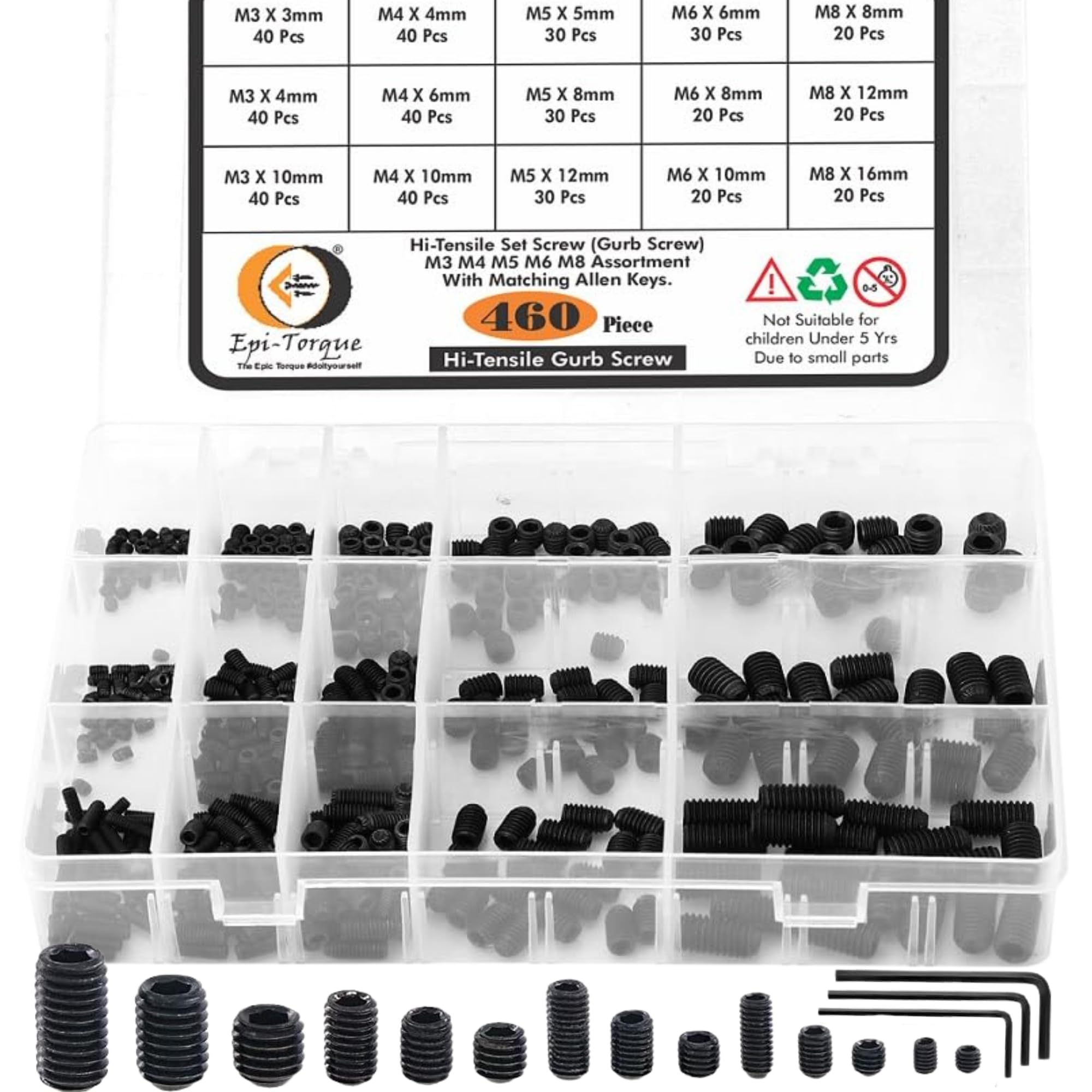 - Epi-torque Hard To Find 15 Sizes M3 M4 M5 M6 M8 Internal Hex Drive Cup-point Grub Screws Set Assortment Kit 12.9 Class Alloy Steel Black With Matching Allen Keys 460 Pcs Pack
