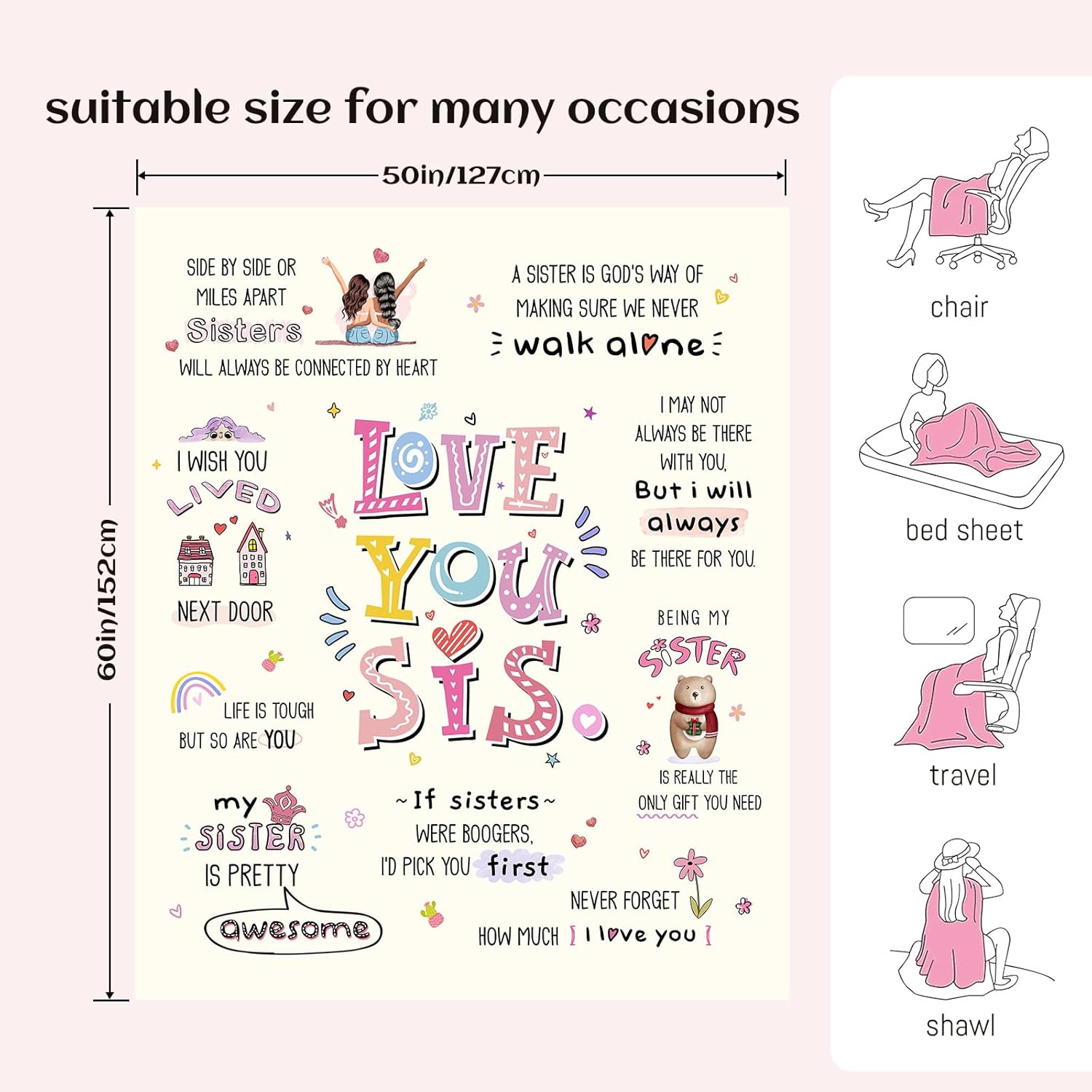 Sister Gifts from Sis, Sisters Birthday Gifts, Best Presents for Sis on Mother's Day Christmas Valentine's Day,Love You Sisters Throw Blanket 50 * 60 in - Image 2