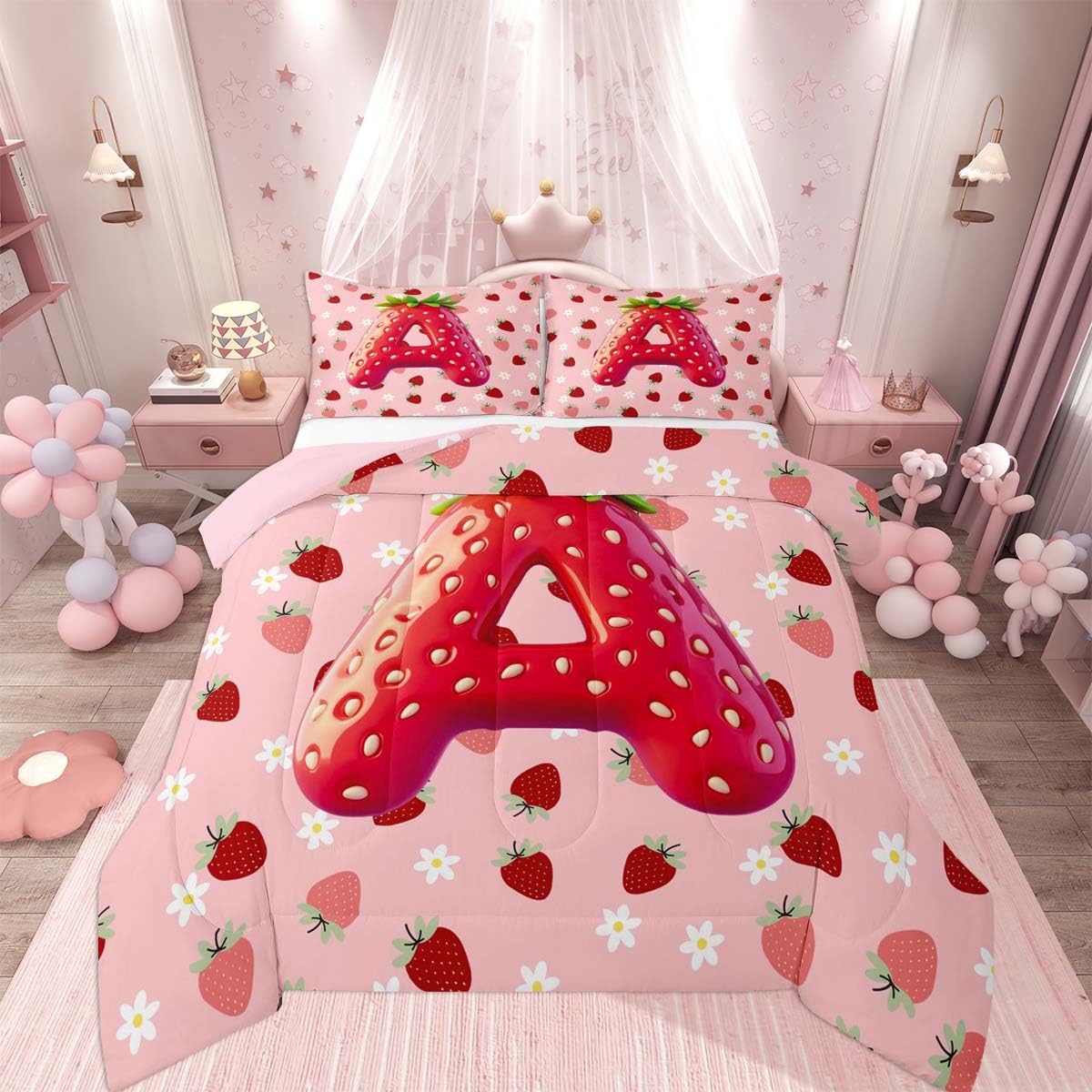 Feelyou Girls Pink Red Strawberry Comforter Set Queen Size Initial Letter A Bedding Set for Kids Boys Girls Princess Strawberry Duvet Quilt Bedroom Decor Microfiber 3 Pcs with 2 Pillow Cases