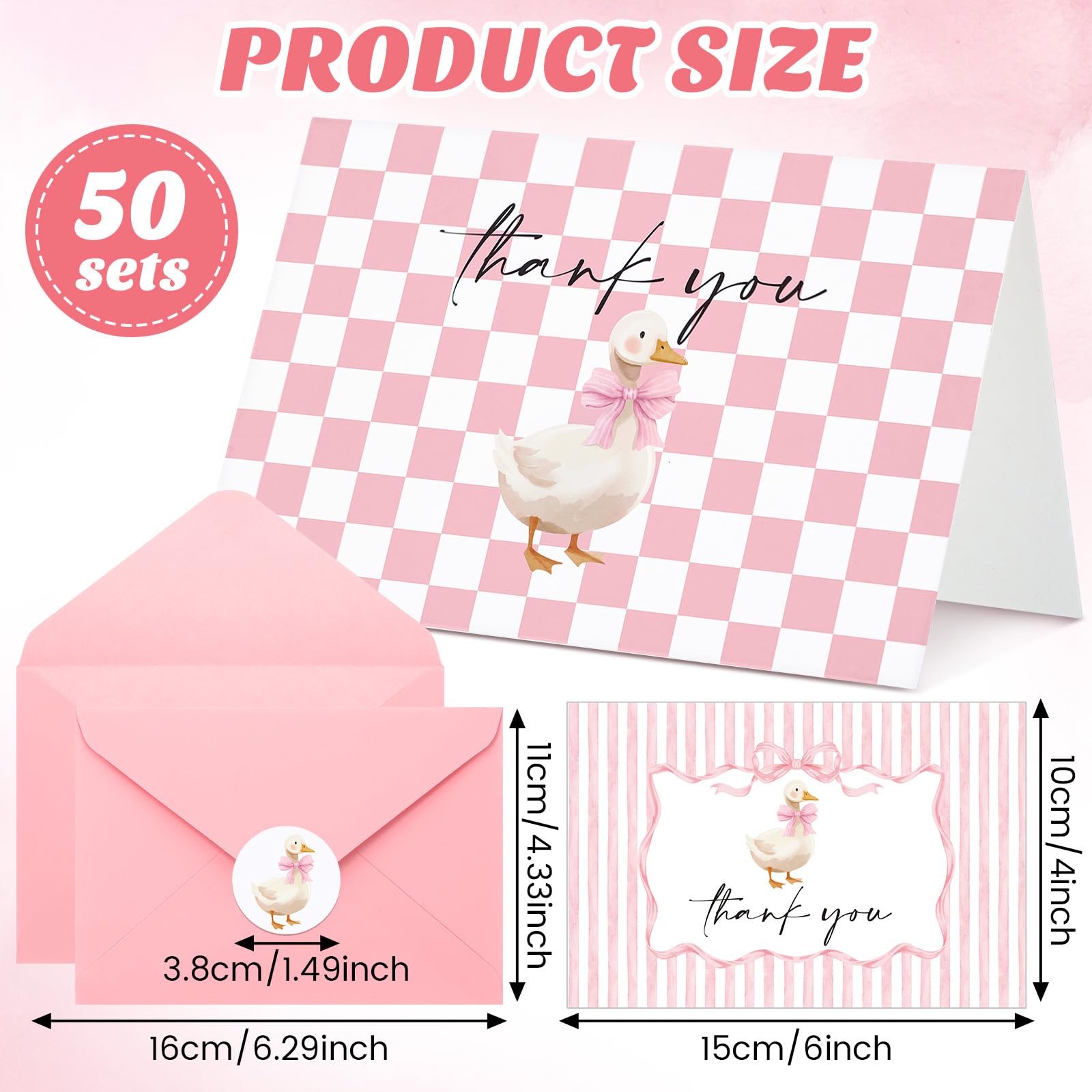 Sabary Pink Goose Lot de 50 cartes de remerciement avec enveloppes et autocollants Motif nœud élégant en vrac 10,2 x 15,2 cm Carte de vœux vierges pour fête prénuptiale, mariage, fête d'anniversaire