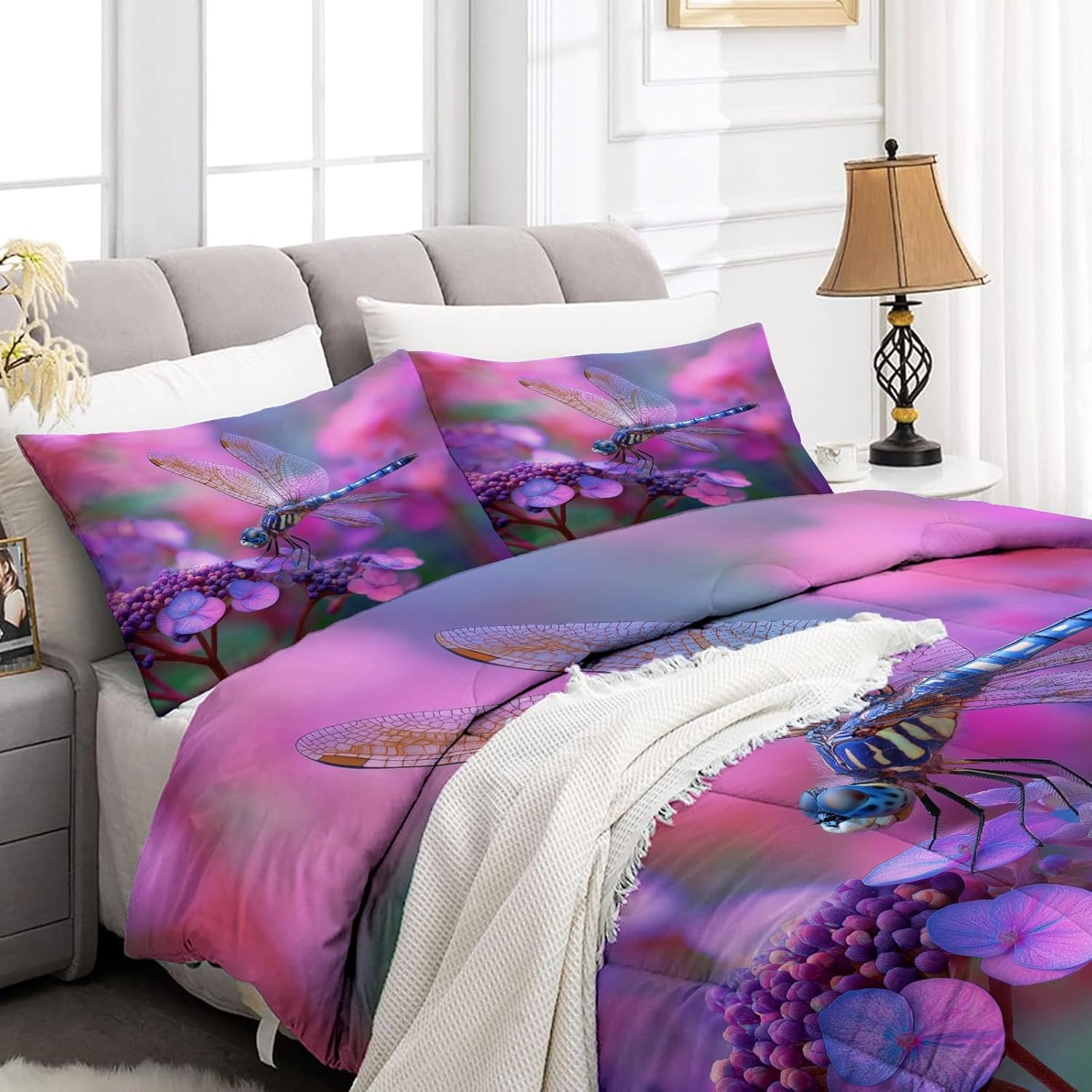 Reversible King Comforter Set Nature Animals Butterflies Plants Flowers for Kids Boys Girls, 3 Pieces Light Weighted Quilted Purple Comforter, All-Season Breathable Bedding Decor (104" x 90")