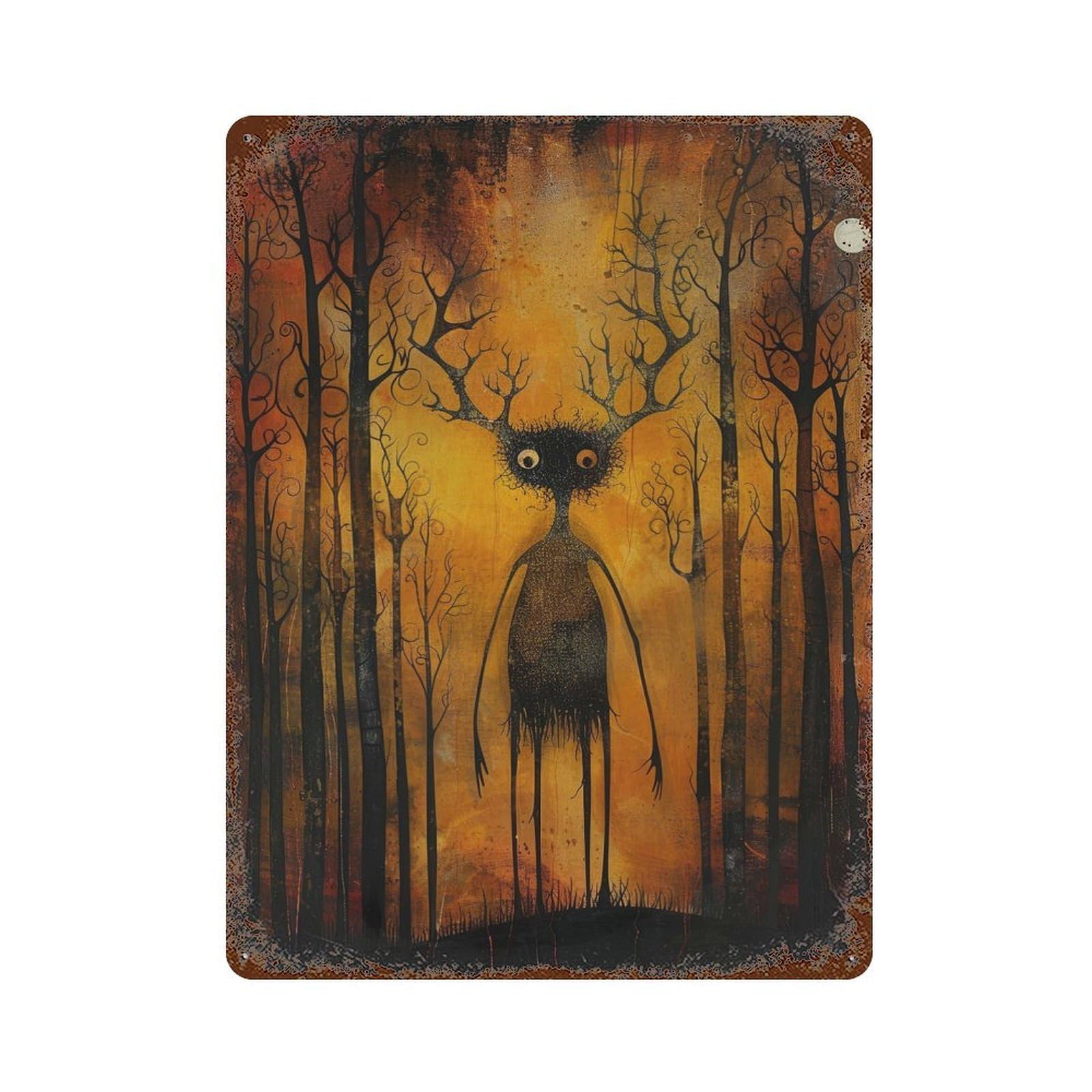 Rust Effect Whimsical Woodlander Rusty Metal Tin Sign 15.7"x11.8", Rustic Home Decor for Bistro, Counter And Cafe Decor