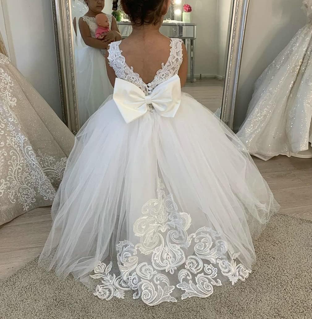 Flower Girls Dress for Wedding Lace Tulle Princess Pageant Dress Kids Prom Ball Gowns with Bow-Knot and Tail - Image 6