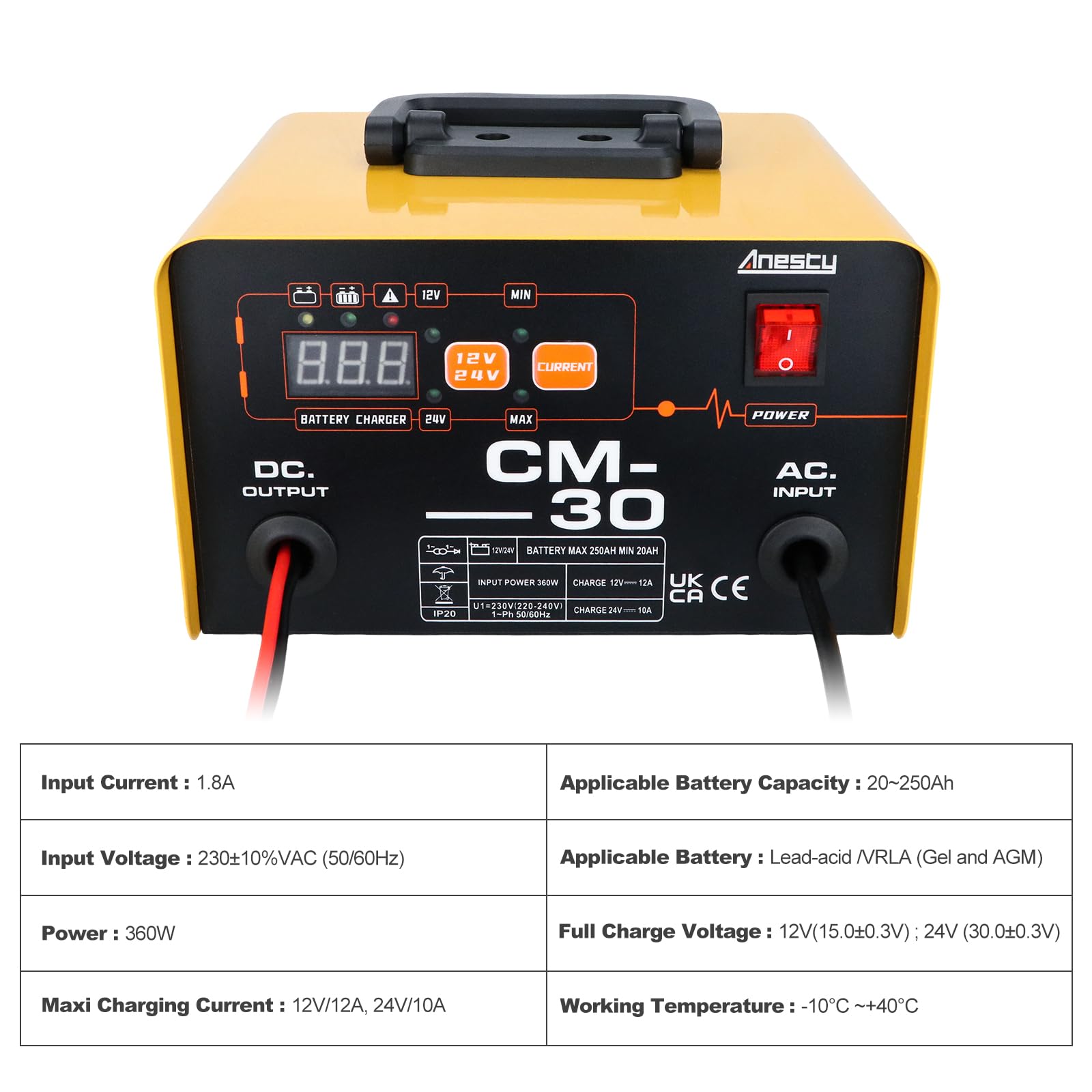 Anesty Cargador de batería de coche de 12 V, 24 V, 20-250 Ah, cargador de batería inteligente de plomo-ácido, unidad de carga automática de batería de coche resistente para furgoneta, motocicleta,