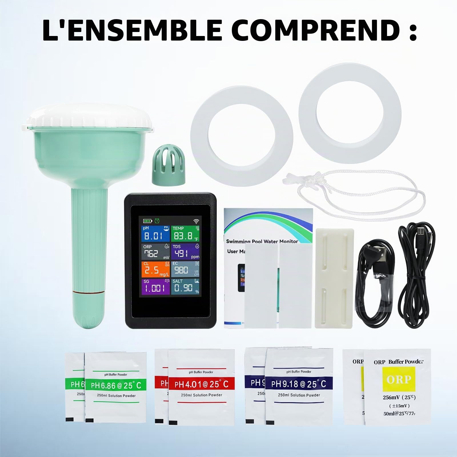 Testeur intelligent de qualité d’eau 8 en 1 WiFi, contrôle pH, ORP, chlore, salinité, TDS, CE, densité et température, suivi à distance via appli Tuya pour piscines, spas, jacuzzis, aquariums et bacs.