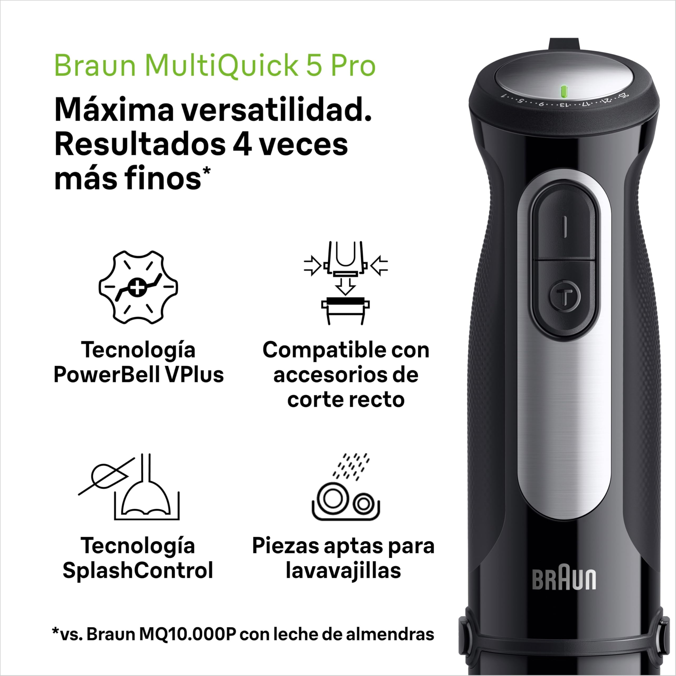 Braun Minipimer MultiQuick 5 Pro - Batidora de mano con mini procesador, picadora y varilla para sopas, batidos y papillas para bebé, 25 velocidades + Turbo, 1000W, negro (MQ55755M)