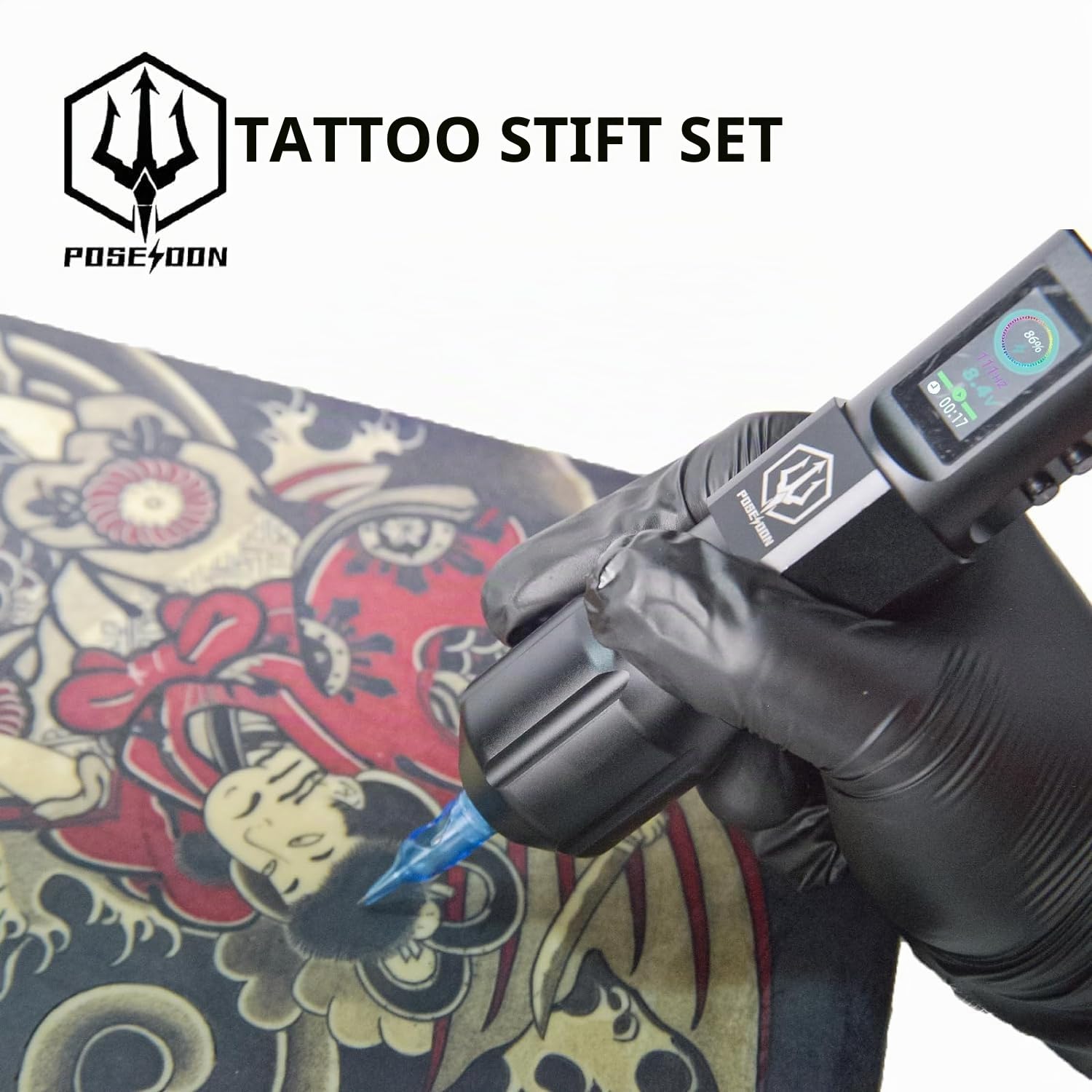 POSEIDON Tattoo-Pistole-Set – Stift mit 20 Nadeln und kabelloser Stromversorgung, Stift-Set mit digitaler LED-Anzeige, Tattoo-Maschine, Tattoo-Zubehör für Künstler