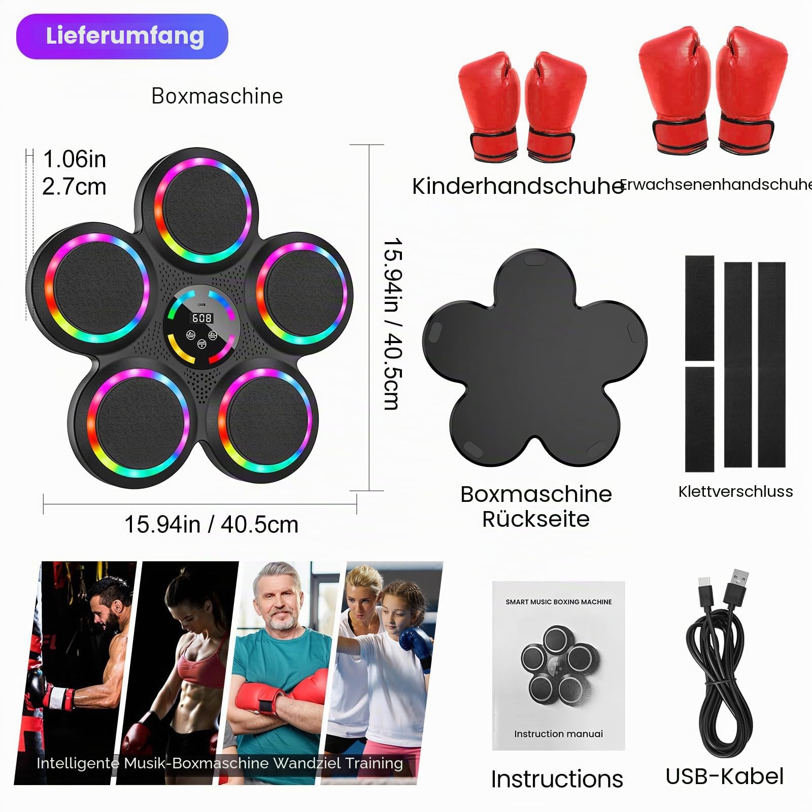 Music Boxing Machine, LED Elektronische Musik Boxing Machine mit 2 Boxhandschuhen, 9 Geschwindigkeiten, 9 Einstellbare Modi, Automatische Zählung, Geschenk Für Erwachsene und Kinder Exercise