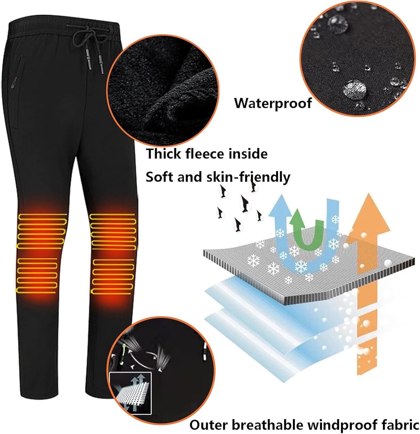 USB Heated Pants Thermal Underwear Fleece Lined Leggings Washable Heating Clothes for Outdoor Hunting, Skiing