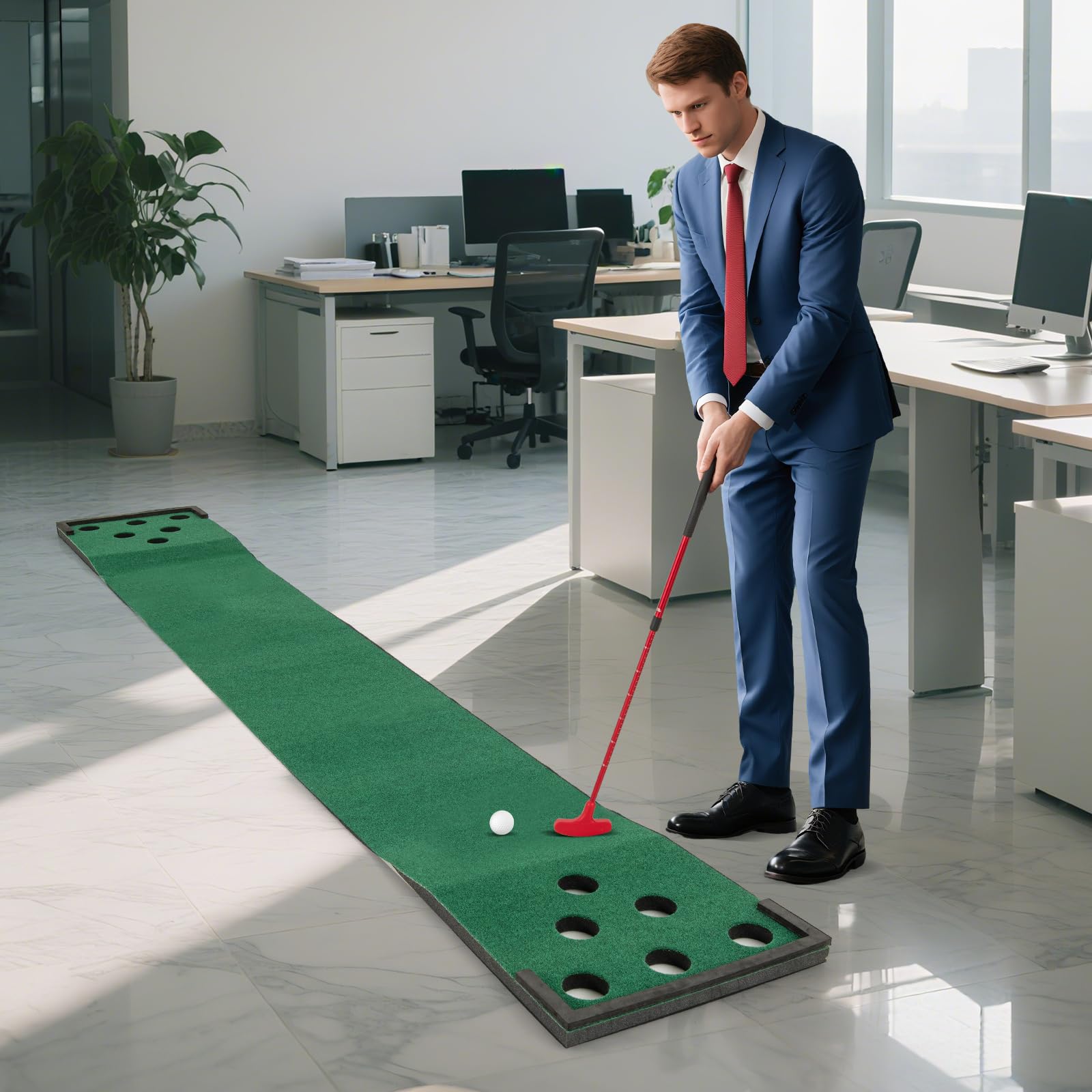 GYMAX Alfombra de Putting Práctica, Juego de Golf Mat Portátil con 2 Putters Ajustables,6 Bolas, Bolsa de Transporte para Interior, Exterior Case, Oficina, Entrenamiento Mini Golf