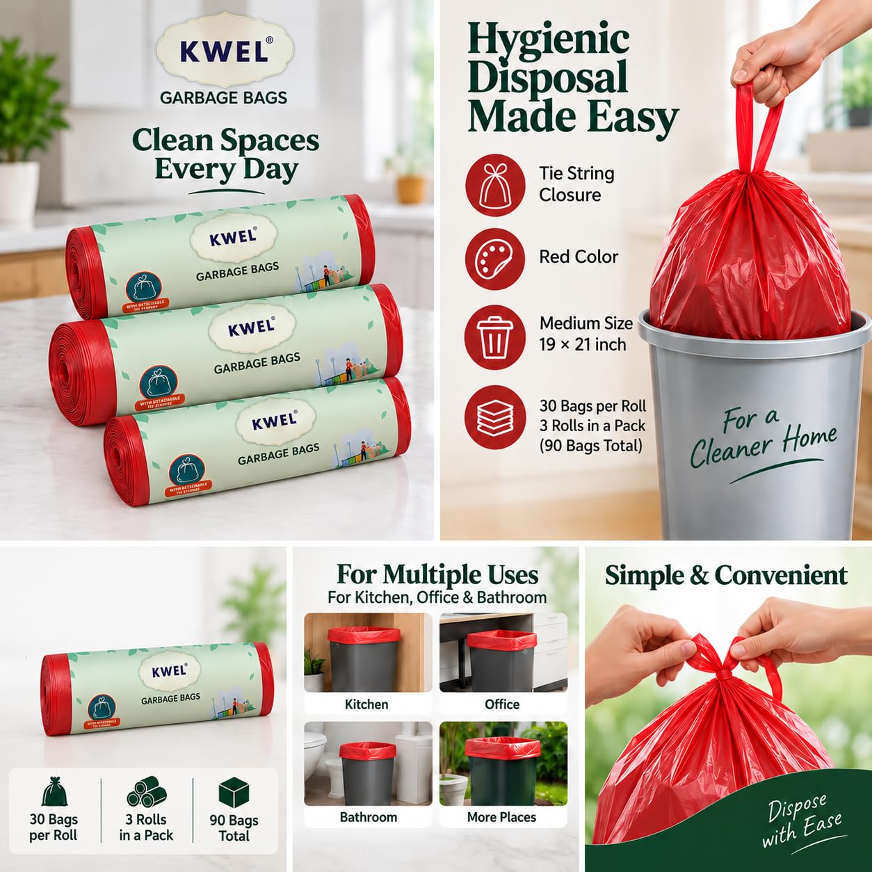 KWEL Plastic Disposable Garbage Bags/Dustbin Covers, 3 Packs Of 30 Pieces-90 Bags Medium (19" X 21") Red — Amazon image 3