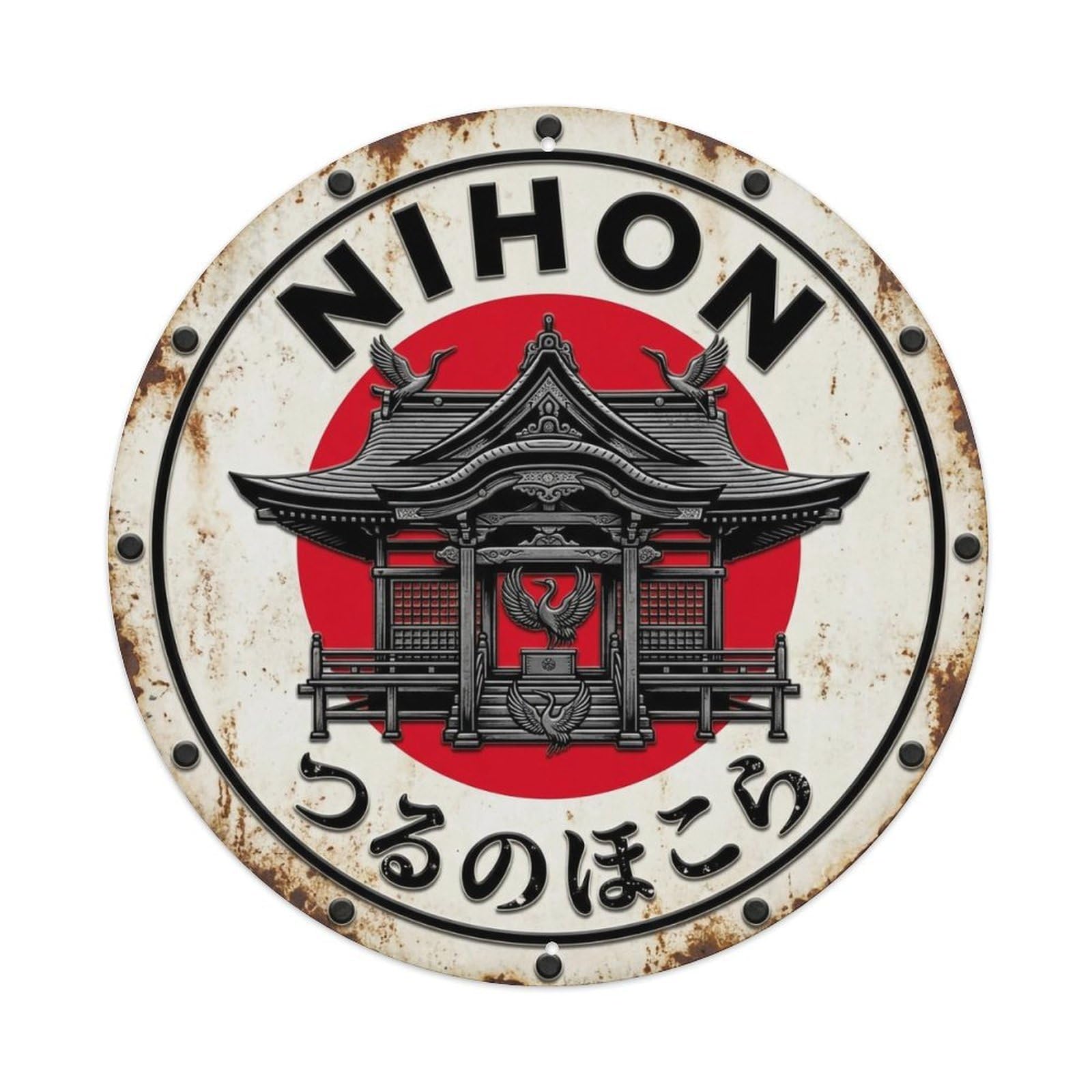 Crane Shrine Nihon Bird Sacred Building Vintage Metal Tin Sign