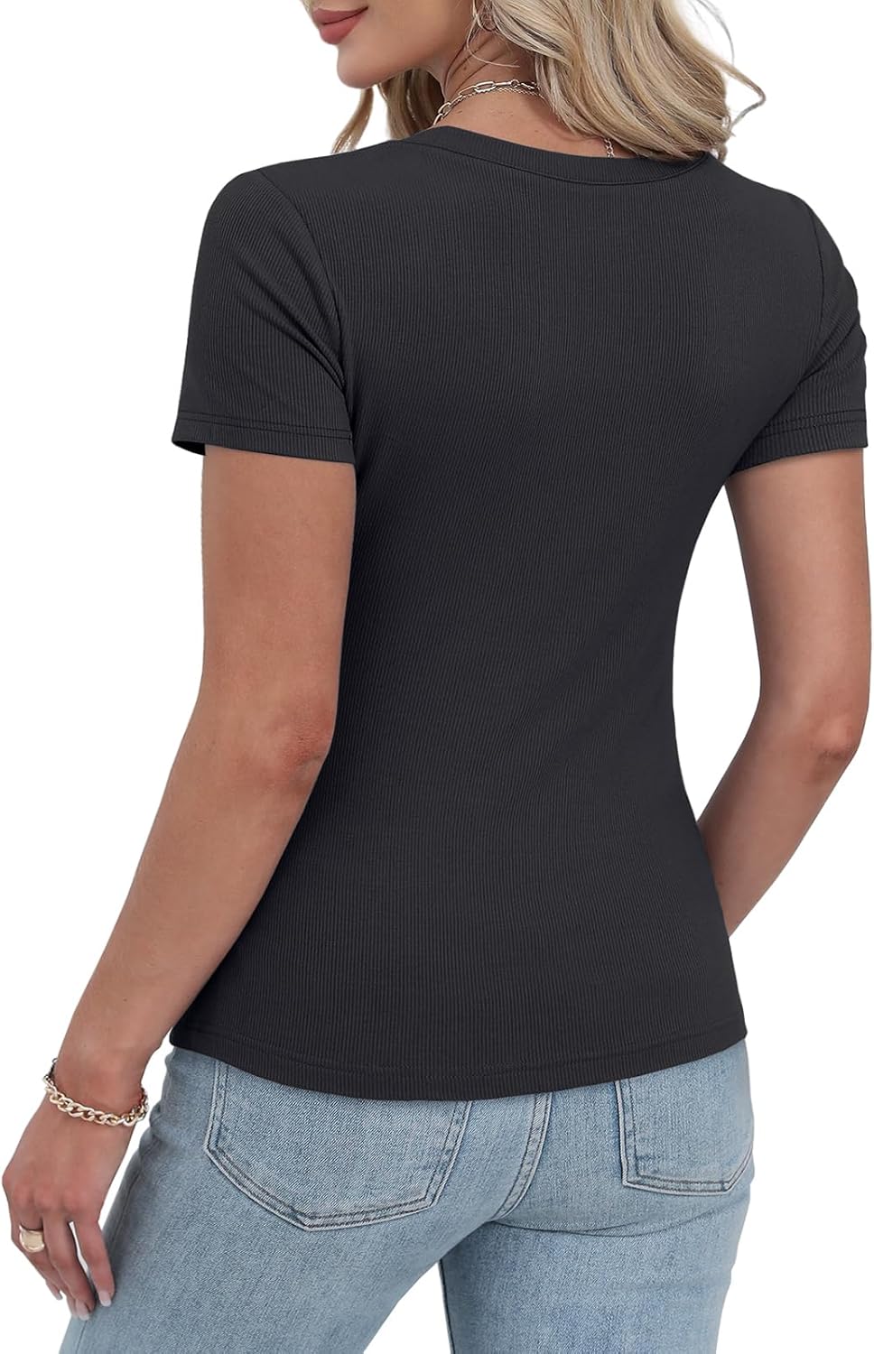 WIHOLL Women's Ribbed Knit Scoop Neck Tees Slim Fit Short Sleeve Tops Summer 2025 Trendy Basic Tshirts - Image 5