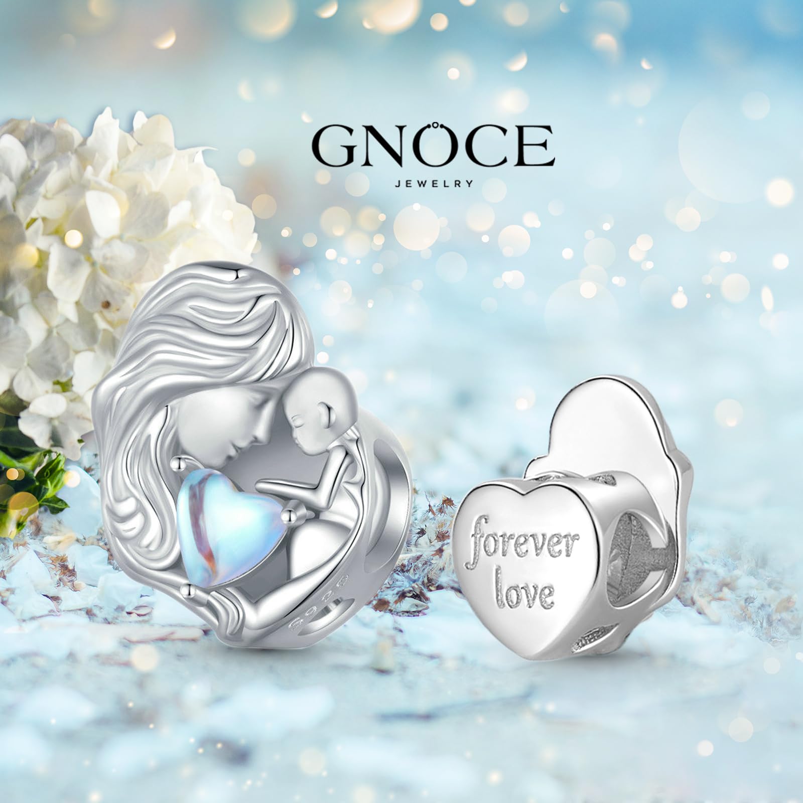 GNOCE Charm Bead Madre e Figlio Moonstone Charms In Argento 925 Con Zirconia Per Bracciali Collane Famiglia