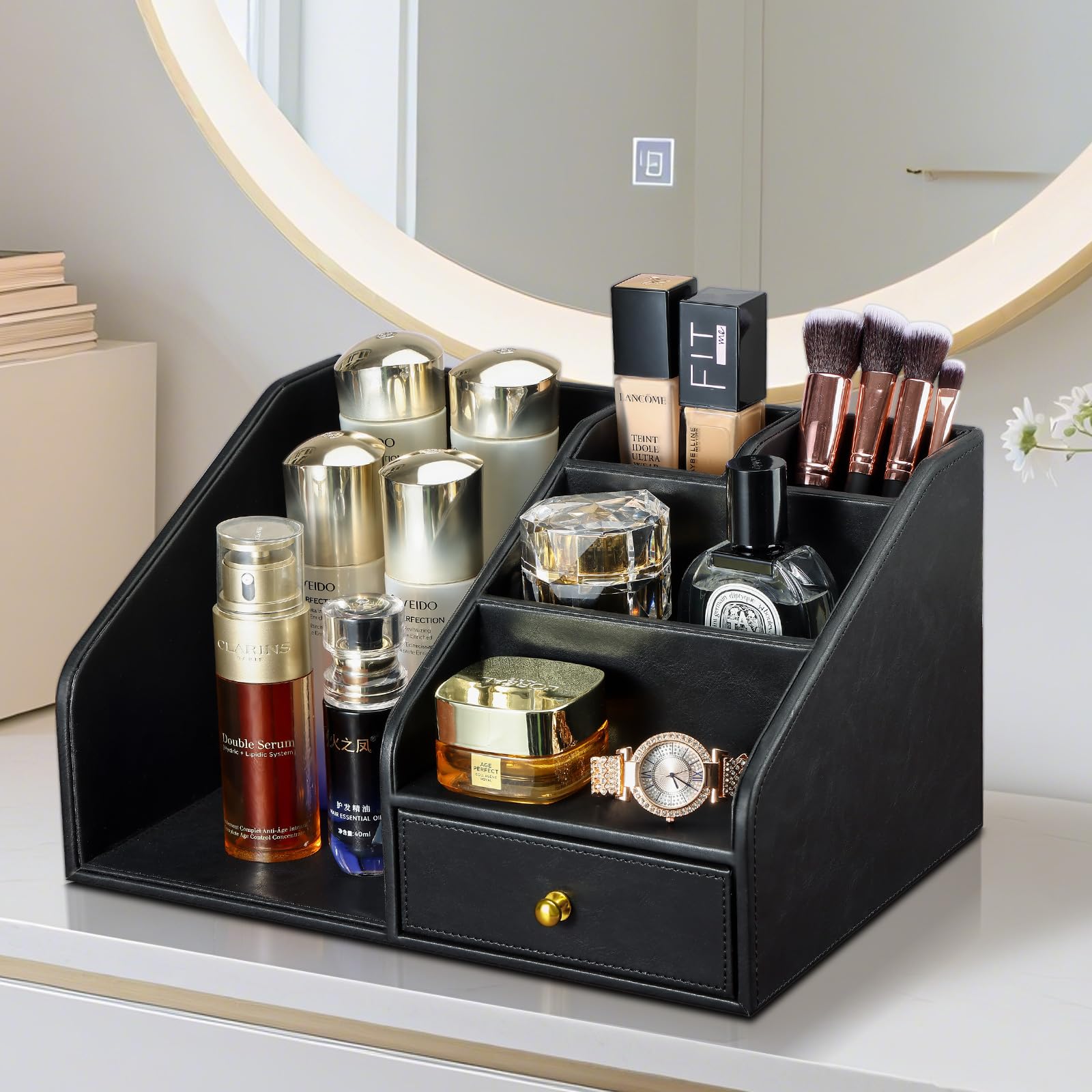 KINGFOM Organizer da scrivania in pelle PU con cassetto – Scatola portaoggetti da scrivania multi-scomparto per forniture per ufficio, posta, penne, accessori – nero e marrone Home Office Caddy (nero)
