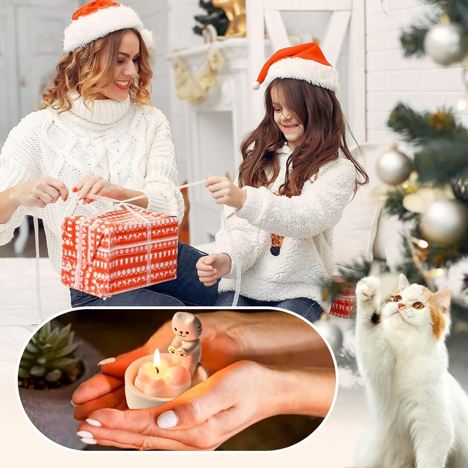 Portavelas de gatito con 4 velas de té de pata de gato, regalos de cerámica para decoración del hogar, regalos para amantes de los gatos para mujeres