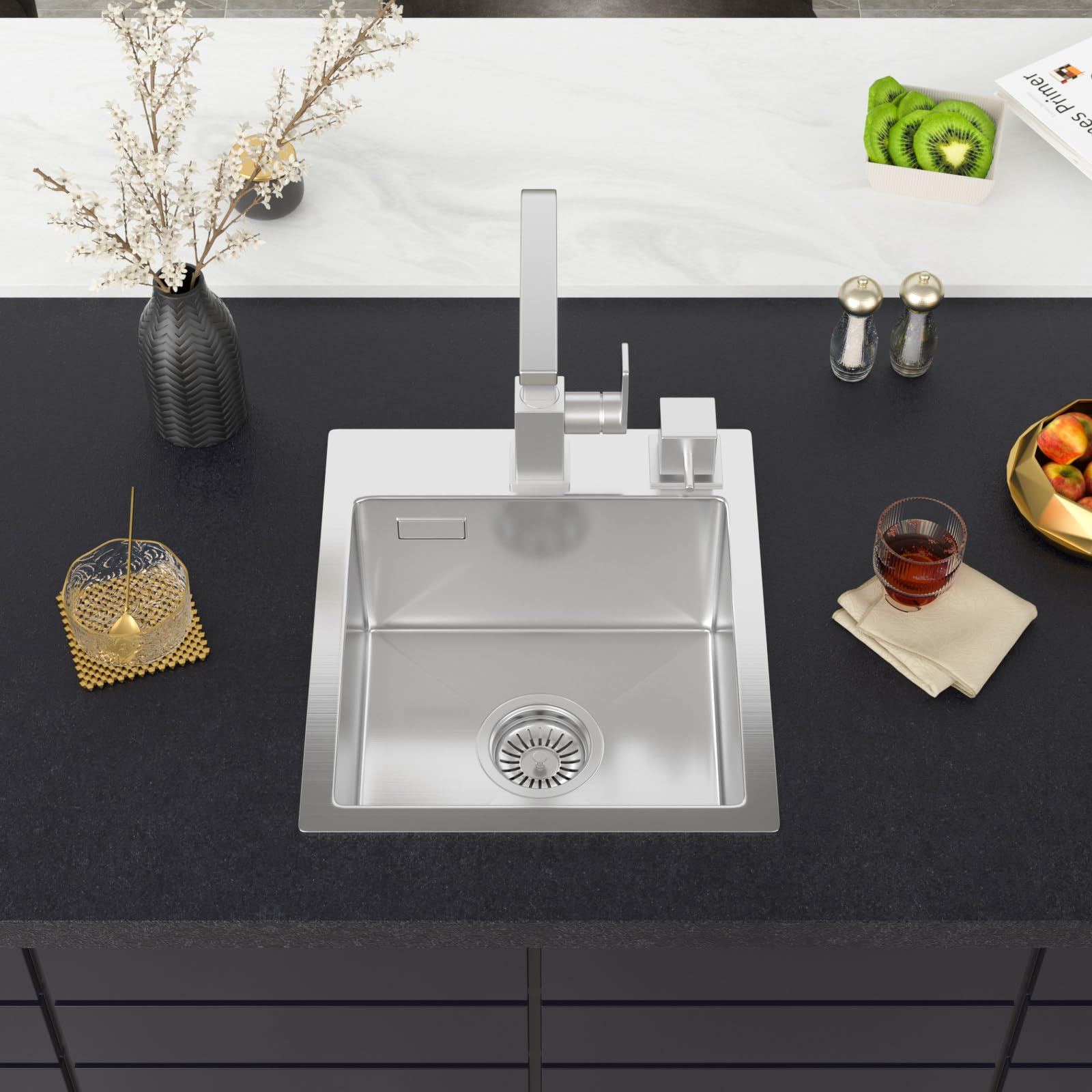 Sarlai Fregadero de cocina de acero inoxidable 304 de 35 x 40 x 18,5 cm con rebosadero | Fregadero pequeño de montaje superior con 2 agujeros para grifo, cuenco para cocina, bar, caravana y exteriores