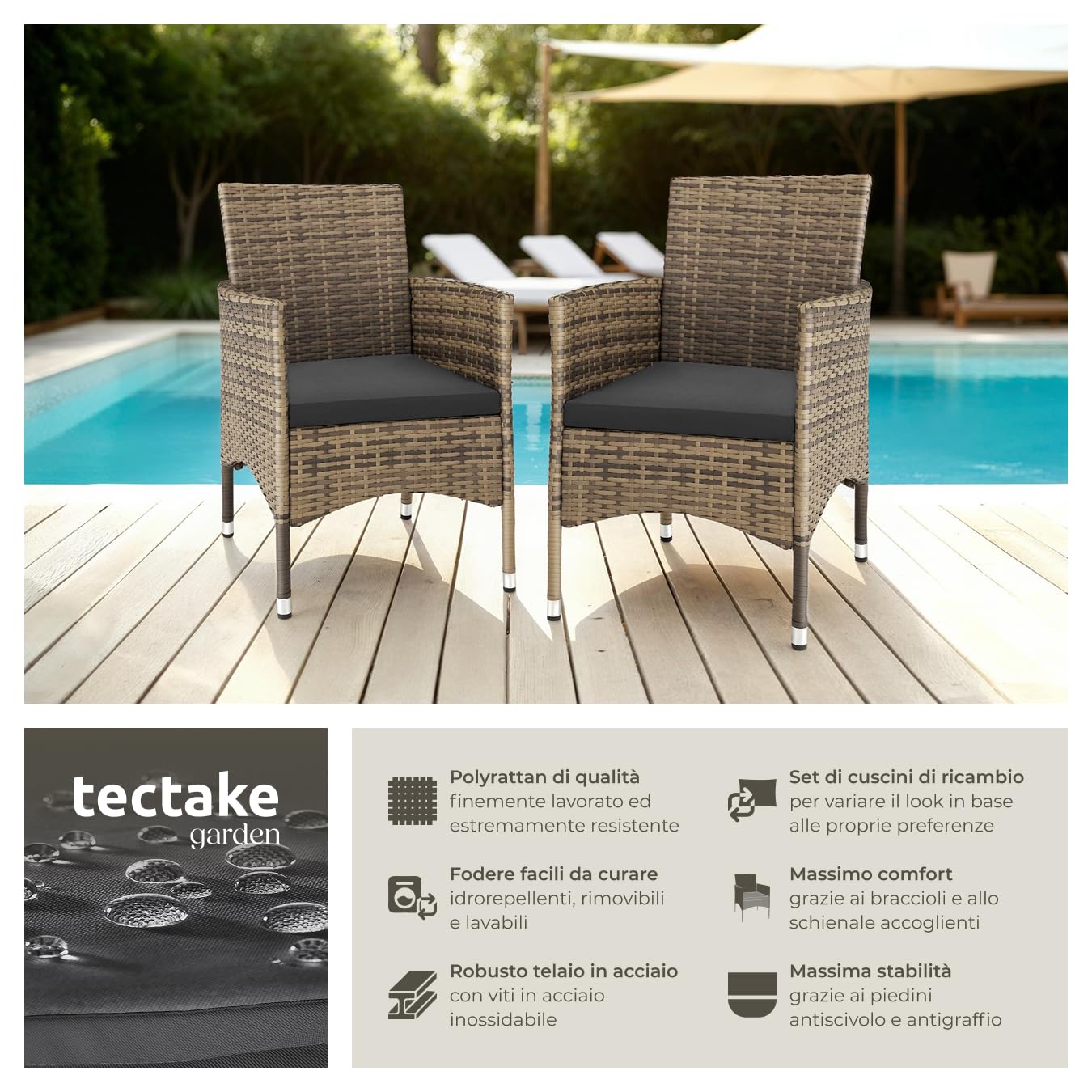 tectake® Set di 2 Sedie da Giardino in Poly Rattan di Alta Qualità, 4 Rivestimenti di Ricambio, Design Moderno con Morbidi Rivestimenti Beige e Grigio, Imbottiture Rimovibili - Naturale/Grigio Scuro