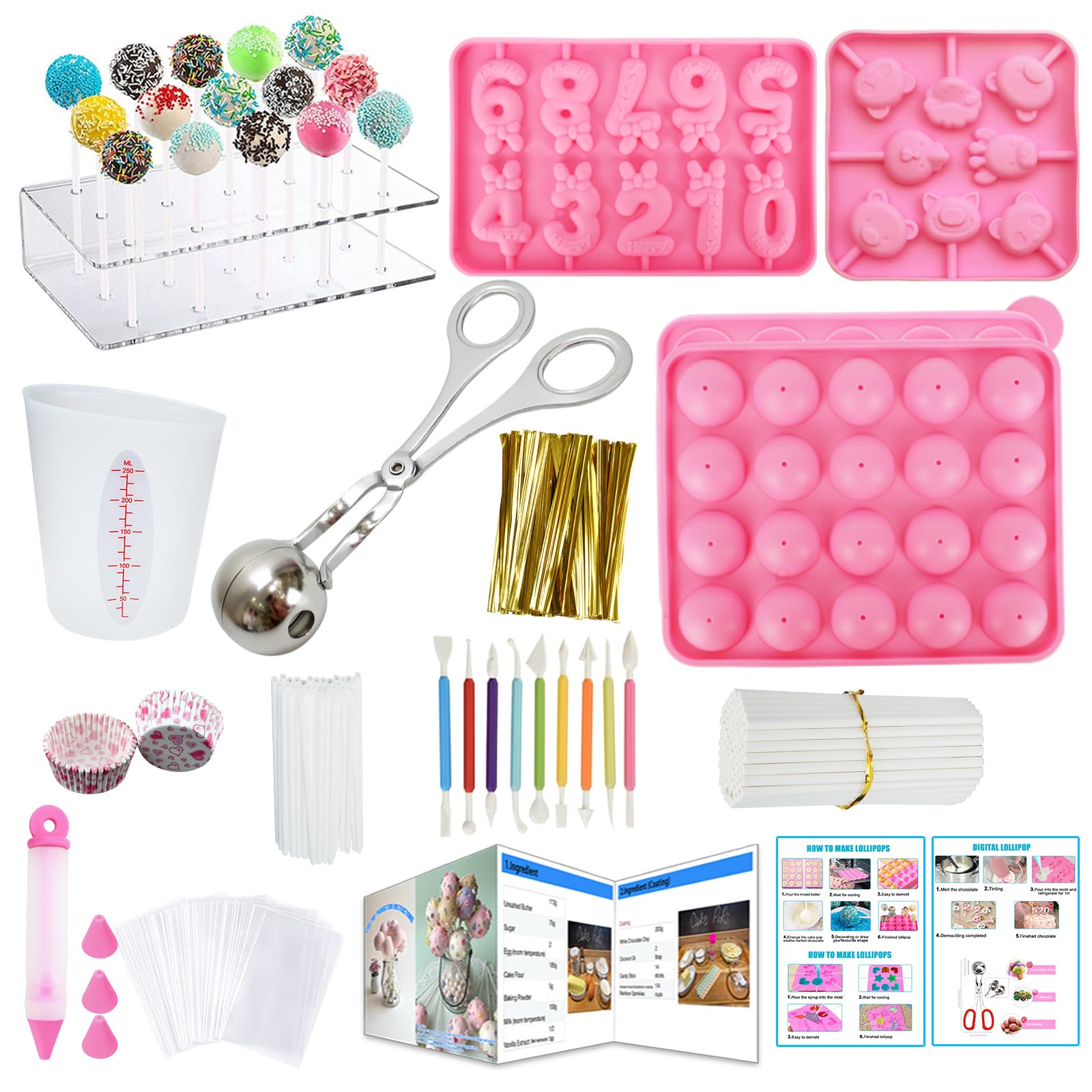 Cake Pop Maker Kit 336-teilig mit 5 Silikonform-Sets – 3-stöckiger Präsentationsständer, Schmelztopf für Schokolade, Süßigkeiten, Spritztüllen und Koppler, Messbecher, Muffin-Cupcakes,