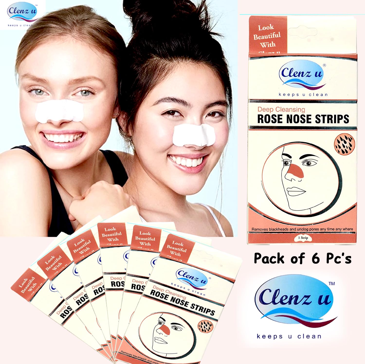 Deep Cleansing Rose Nose Strips for Blackheads, Whiteheads Remover, Pore Cleanser, with Natural Extracts, for Women, All Skin Types 1s (Pack of 6PCs) (80 g)