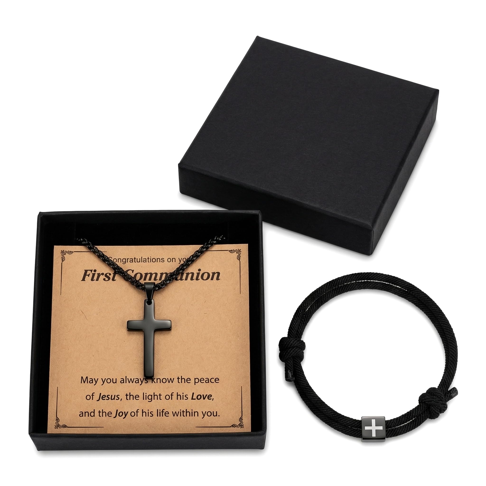 First Communion Gifts for Boys, Cross Necklace and Bracelet Baptism Gift, Black 1st Confirmation Gifts for Boys Girls for Easter Gift Confirmation Decorations
