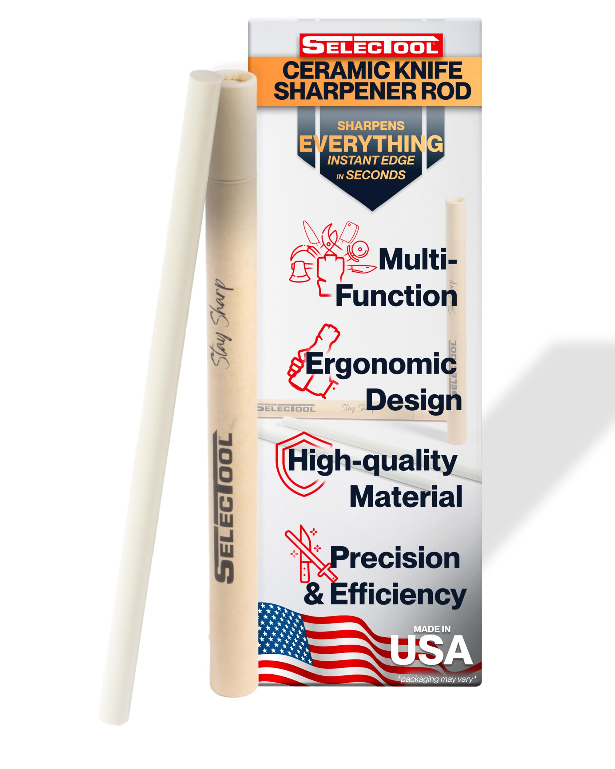 Selectool Ceramic Knife Sharpener Rod MultiTool Kit for Kitchen Knives, Pocket Knives, Scissors, Tools, Hunting & Fishing, EDC Gadgets, Effortless Sharpening, Made in USA, Off-White