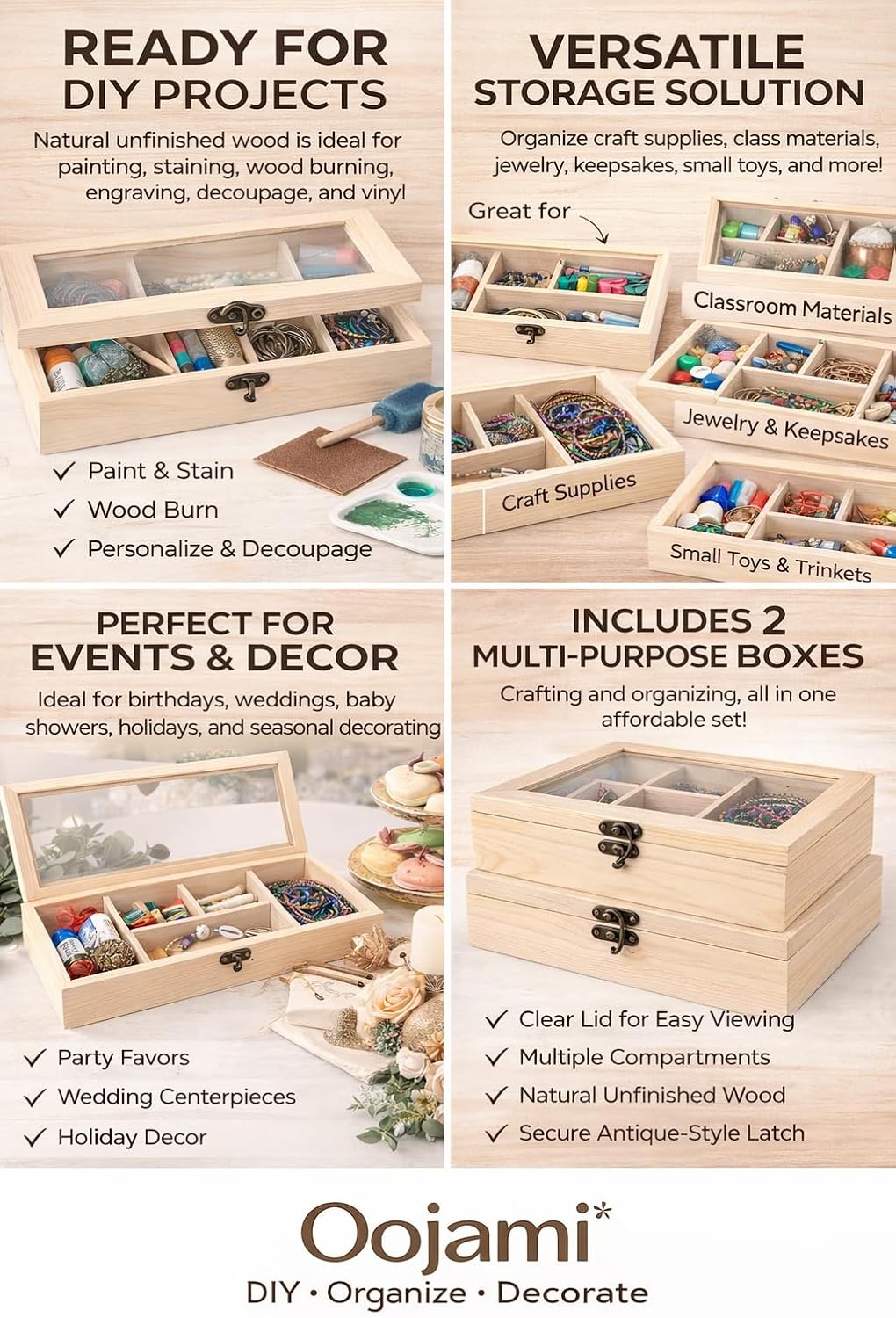 2 Pack Unfinished Wooden Jewelry Organizer Box with Glass Lid – 14 Compartment Bead & Craft Storage Case – DIY Paintable Wood Display Box for Jewelry, Gems, Supplies
