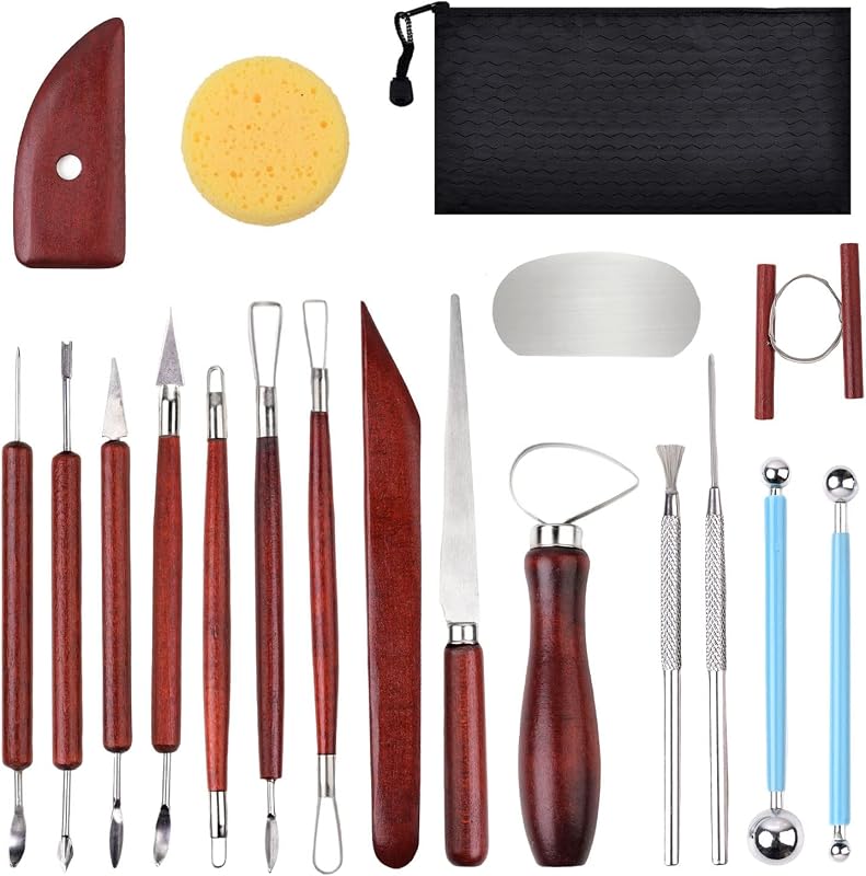 Blisstime 18PCS Clay Sculpting Tools, Basic Clay Pottery Carving Tool Kit with Wooden Handles and Tool Bag