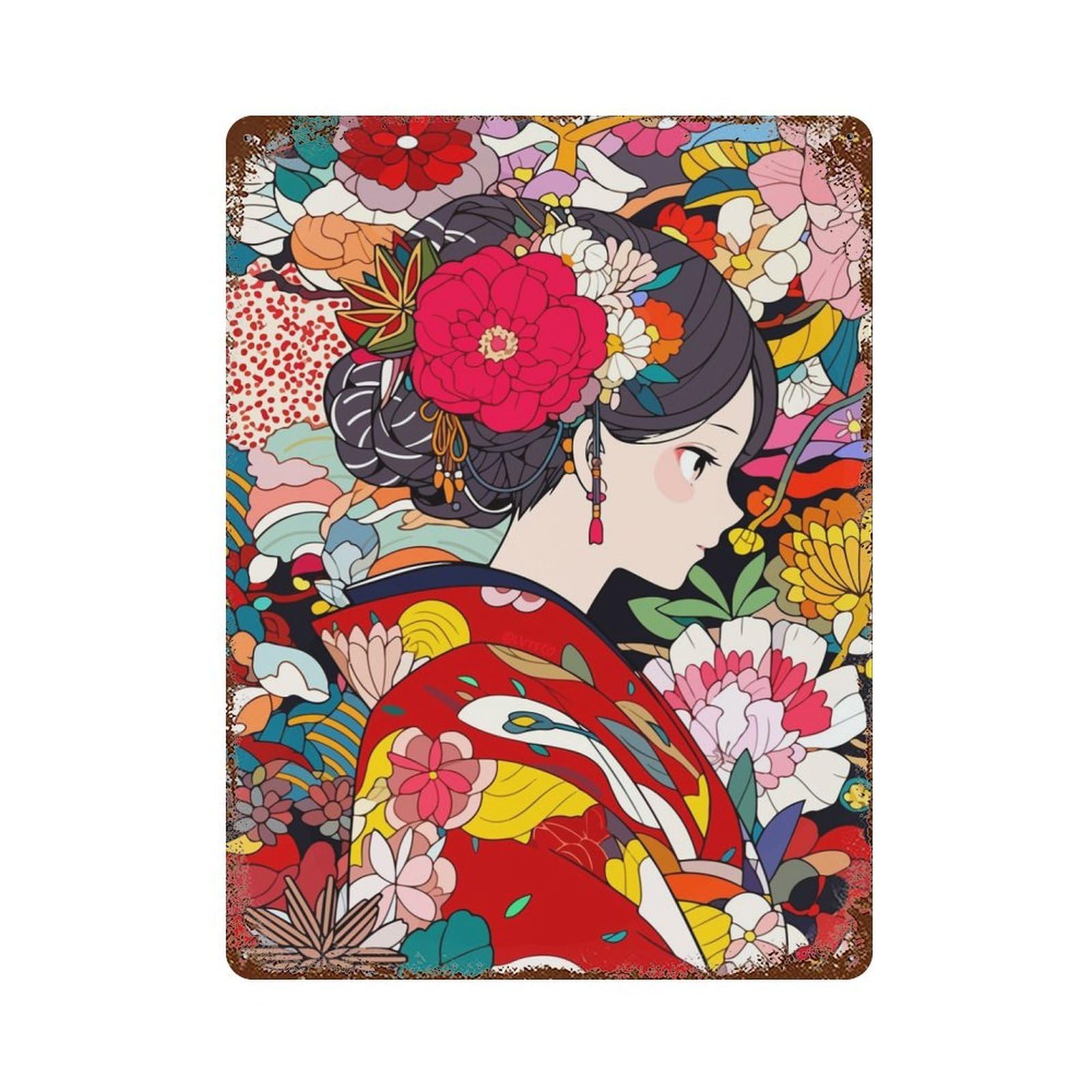 Kimono Flowers Japan Art Vintage Wall Sign 15.7"x11.8", Rust Effect Metal Decor for Living Room, Hallway And Home Decor
