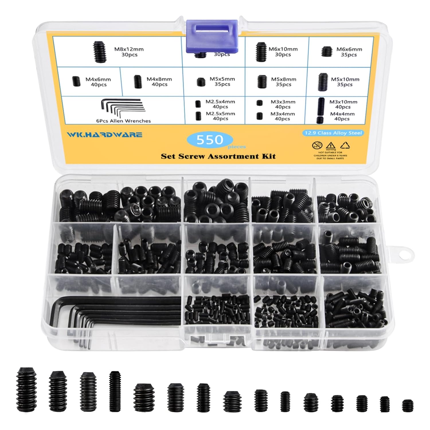 WK.HARDWARE 550pcs Set Screw Assortment Kit, Hex Screws 15 Sizes