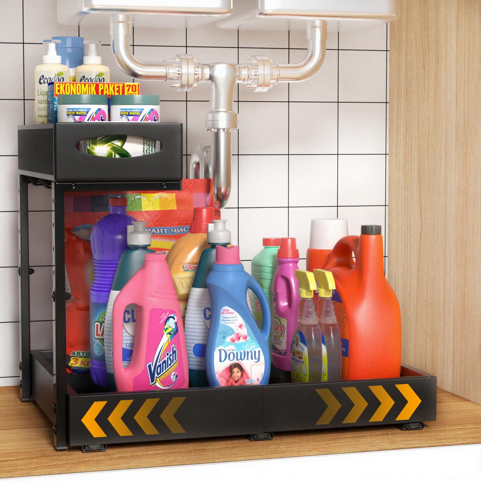 Housolution Rangement sous Évier en Métal, Largeur Extensible de 35 à 52 cm, Hauteur Réglable de 34 à 45 cm, Organisateur Étagère sous Évier Coulissant pour Placard de Cuisine, Un Côté