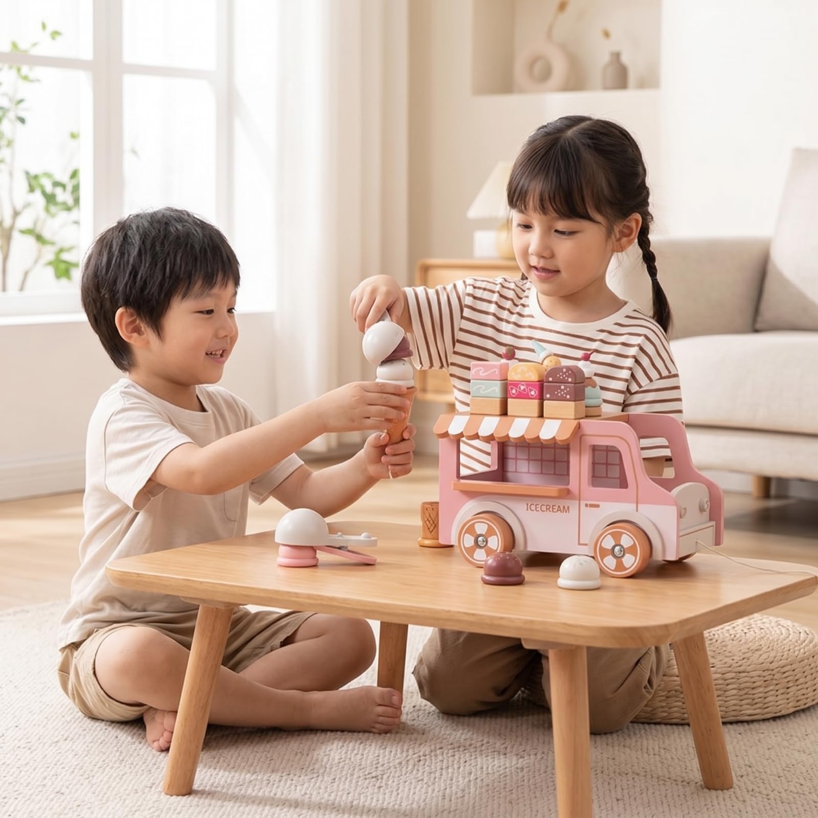 Carrito de Postres de Madera Juguete Camión Infantil Vehículo de Juego Cuerda para Tirar Bola de Madera Toldo a Rayas Helados Impresos Adecuado para