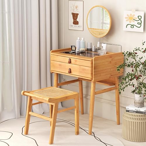 GOFLAME Juego de mesa de tocador de bambú con espejo ajustable, tocador y taburete con mesa de vidrio templado y 2 cajones de almacenamiento, juego