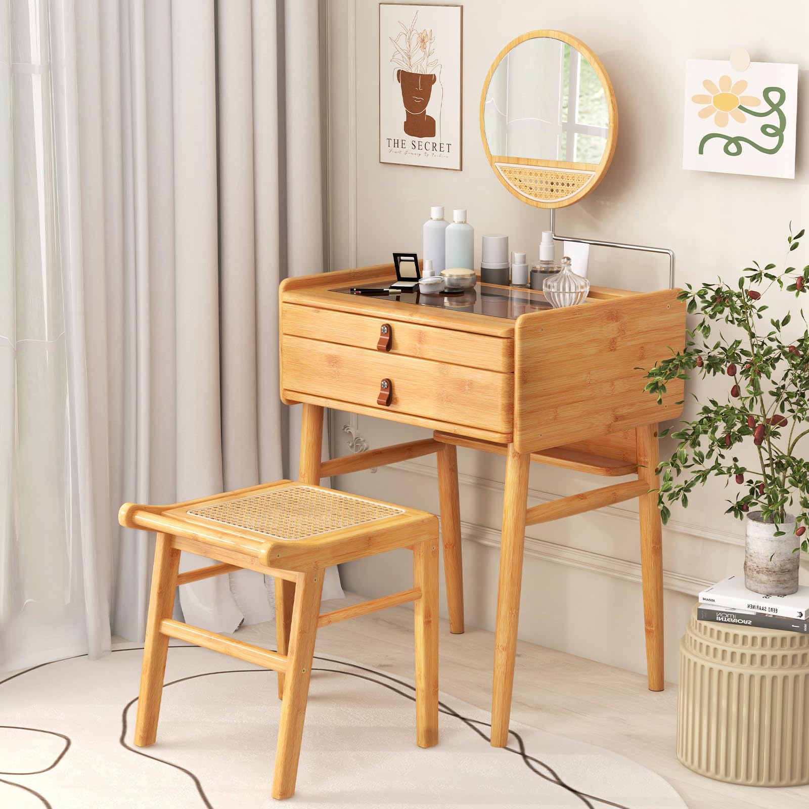 センセスプロダクト　Classic Vanity Box Amazon.com: GOFLAME Bamboo Vanity Table Set with Adjustable Mirror
