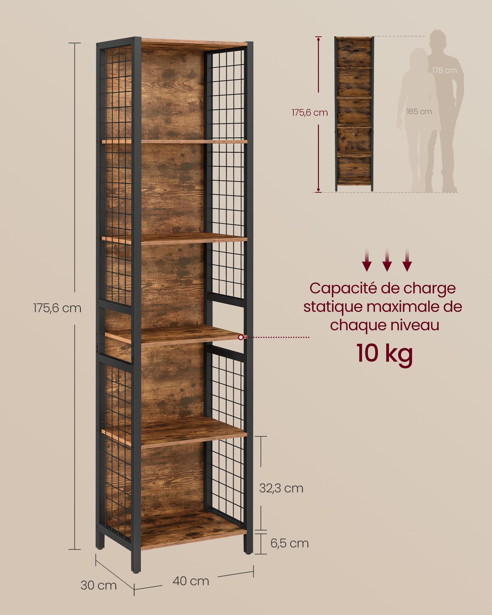 VASAGLE Bibliothèque, Étagère à 6 Niveaux, Meuble de Rangement, 30 x 40 x 175,6 cm, avec 4 Crochets en S, pour Bureau, Salon, Cadre en Acier, Marron Rustique et Noir d'encre LLS170K01