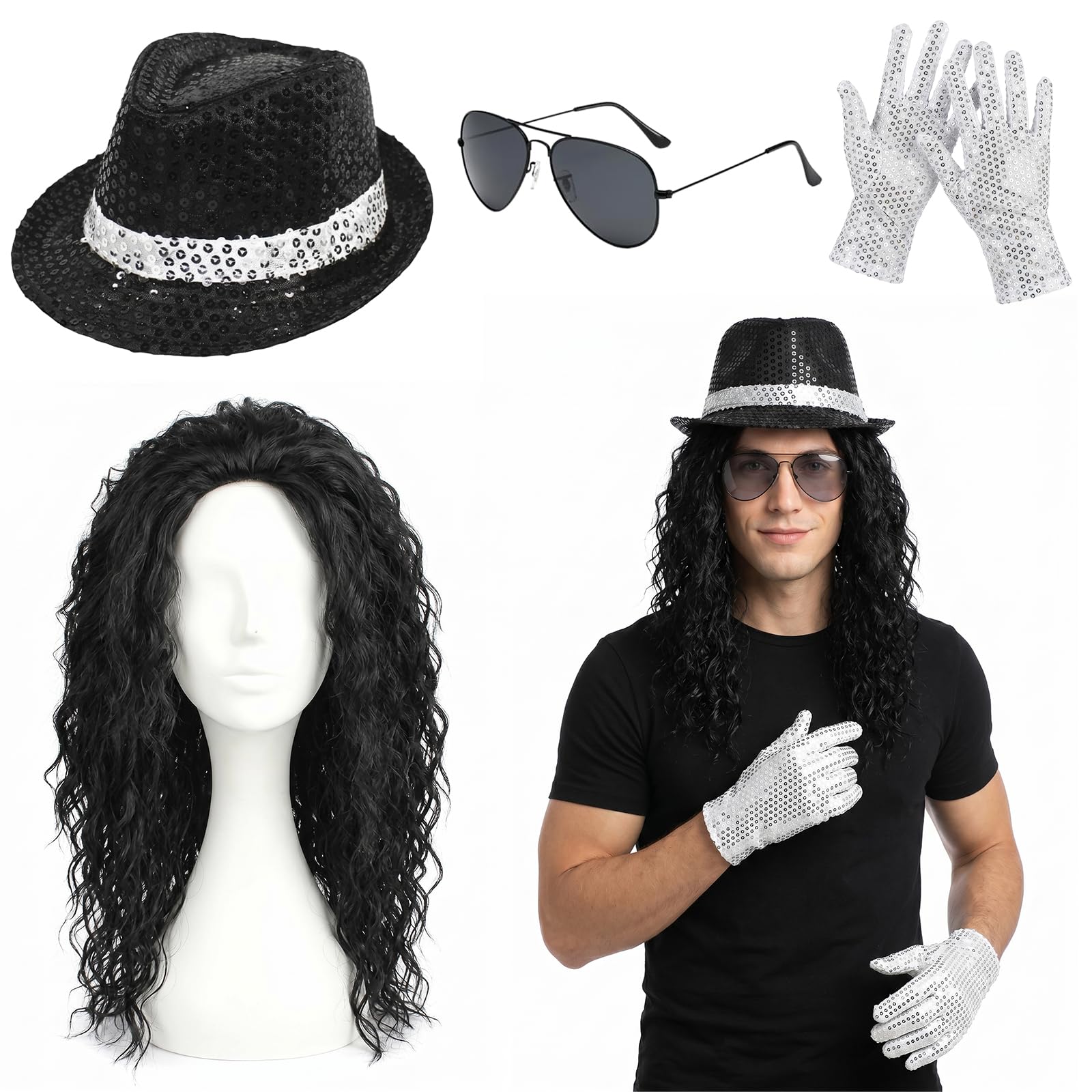 Dazzroi 4Pcs MJ Costume Accessories Set, Rocker Star Cosplay for Pop 80s Party Kit