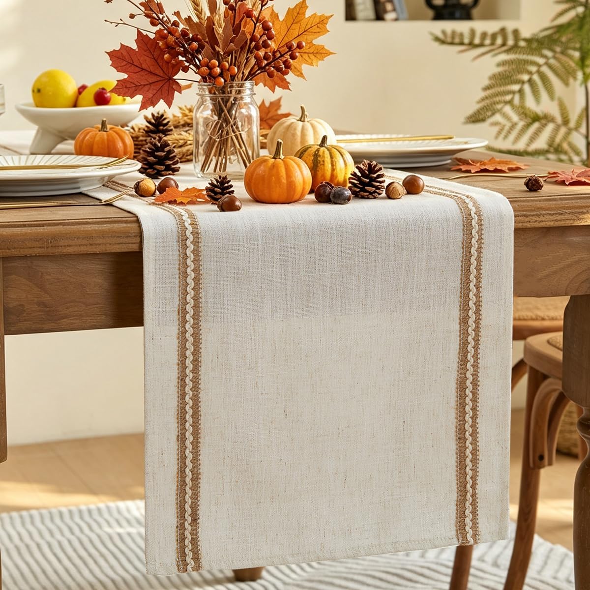 Wracra Rustic Linen Cream Table Runner, Modern Washable Table Runners โ image 1