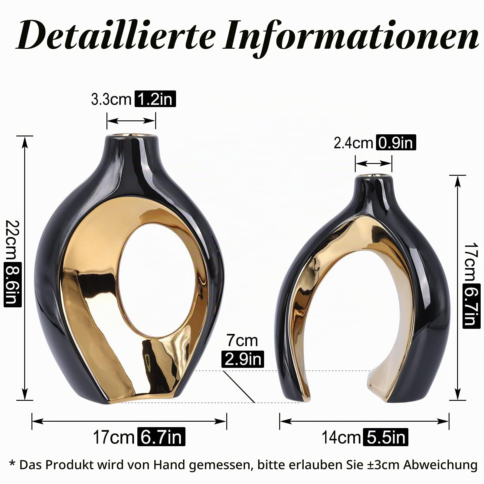 Keramik Vase，2er Set Hohle Weiße Moderne Vasen für Nordisches, Vasen Deko, ästhetische Boho Blumenvase für Zuhause, Wohnzimmer, Büro, Bauernhaus, Couchtisch Dekoration(Schwarzes Gold)