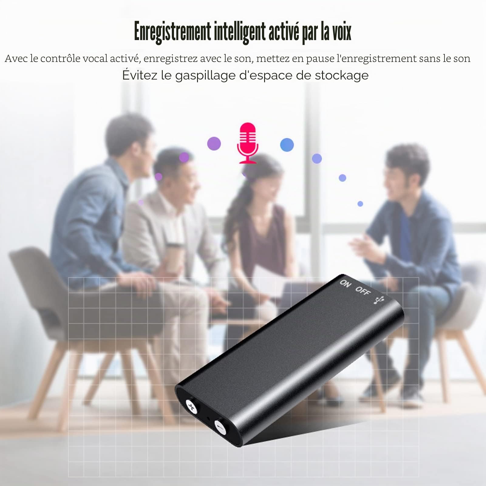 Enregistreur Vocal, 90dB SNR Enregistreur de Son Fonctionnement à Un Bouton Prise en Multiformat USB Réduction du Bruit HD Mini Enregistreur de Son Activé par la Voix pour