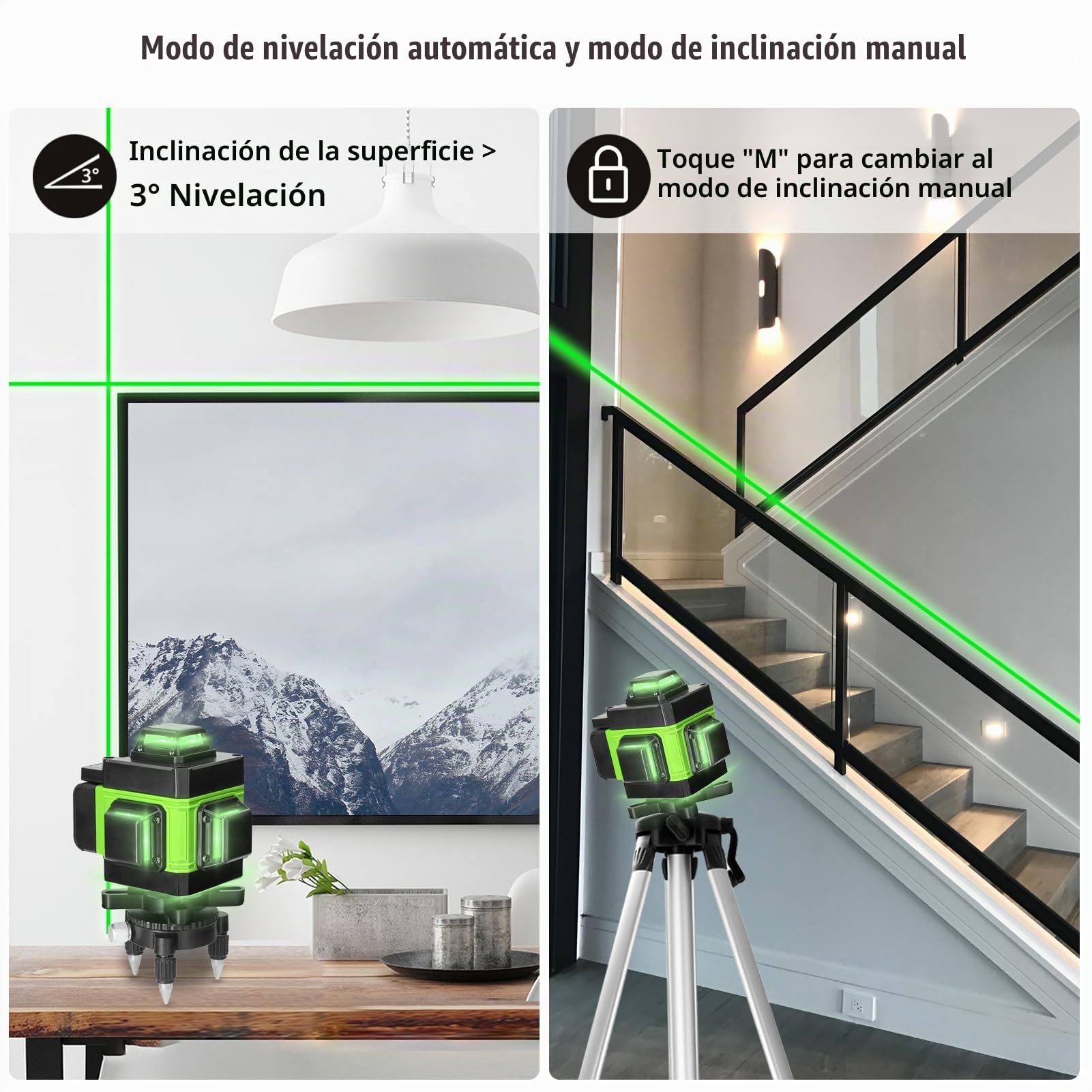 Geevorks Nivel Láser Autonivelante 3°,4D 16 Líneas Laser Nivel Verde,Batería de Litio Recargable USB,con Barra de Extensión de Aleación Ajustable de 1,2 m Alturas de Trípode (Verde, con Trípode)