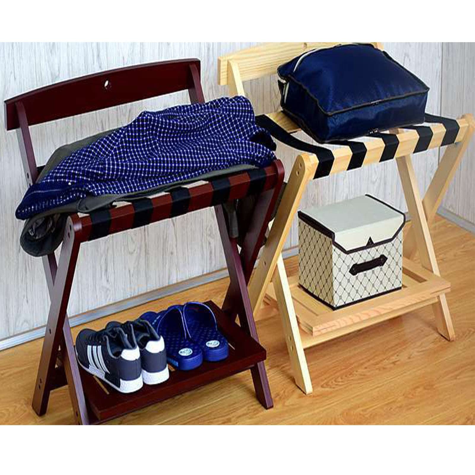 Portaequipajes de Hotel (Paquete de 2): portamaletas de Madera Maciza para habitación de Invitados, Soporte para Maletas con Respaldo y Zapatero, portaequipajes de 2,Brown
