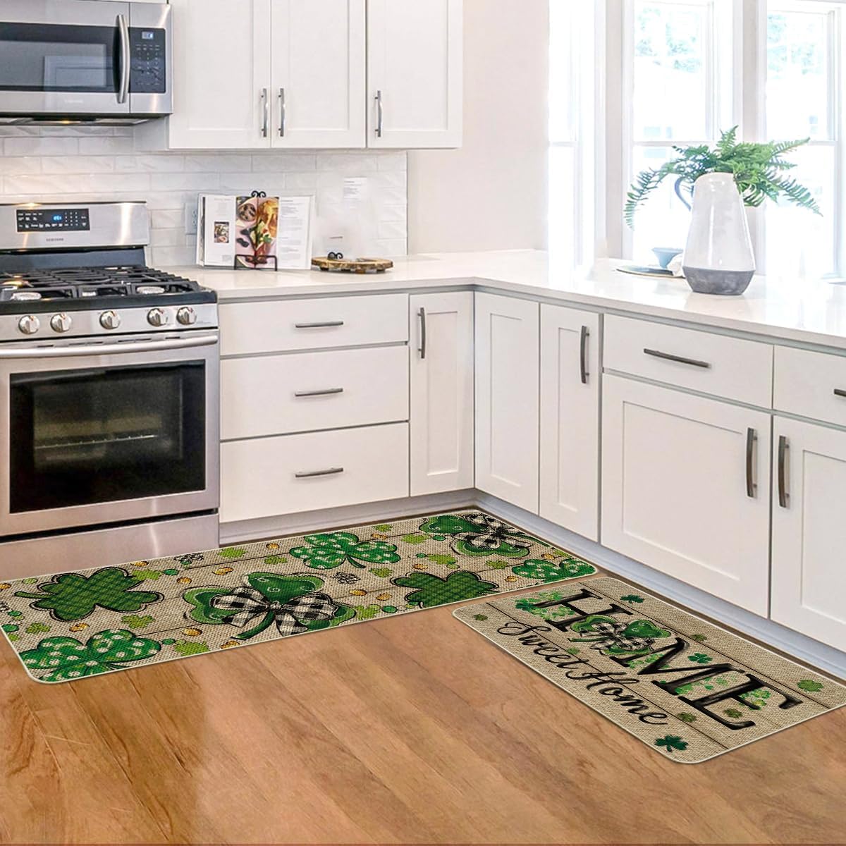 Artoid Mode Wood Shamrock Sweet Home St. Patrick's Day Kitchen Mats Set of 2, Home Decor Low-Profile Kitchen Rugs for Floor - 17x29 and 17x47 Inch