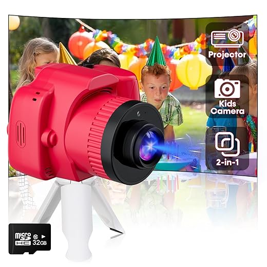 Kids Camera with Projector HD 1080P: 2MP Kids Digital Camera with Funny Games - 2.5 Hours Projection Mode - 32GB Memory Card, for Ages 6-10 - Pink - Thybro