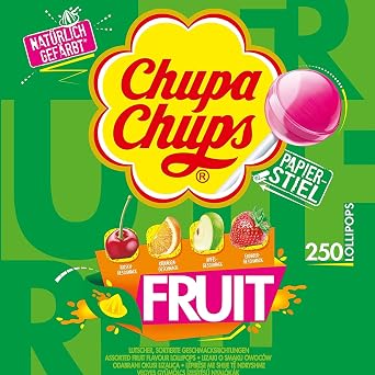 Chupa Chups Fruit Lollipop Bag Refill Bag Contains 250 Fruit Lollipops in 4 Flavours Apple Strawberry Orange Cherry Suitable for Birthday 250 x 12g